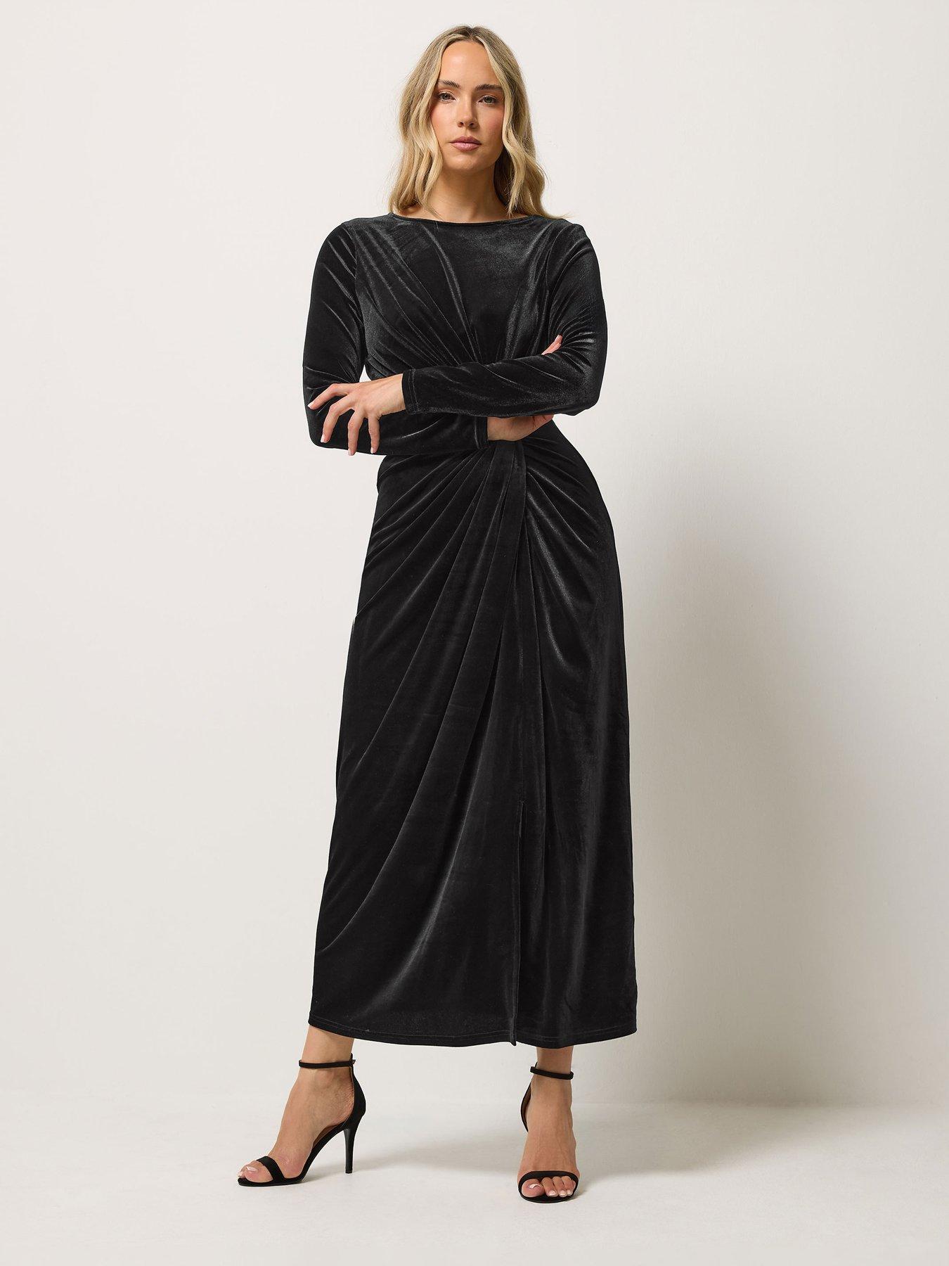 Image 3 of 4 of Yours Womens Tall Knot Front Velvet Maxi Dress - Black