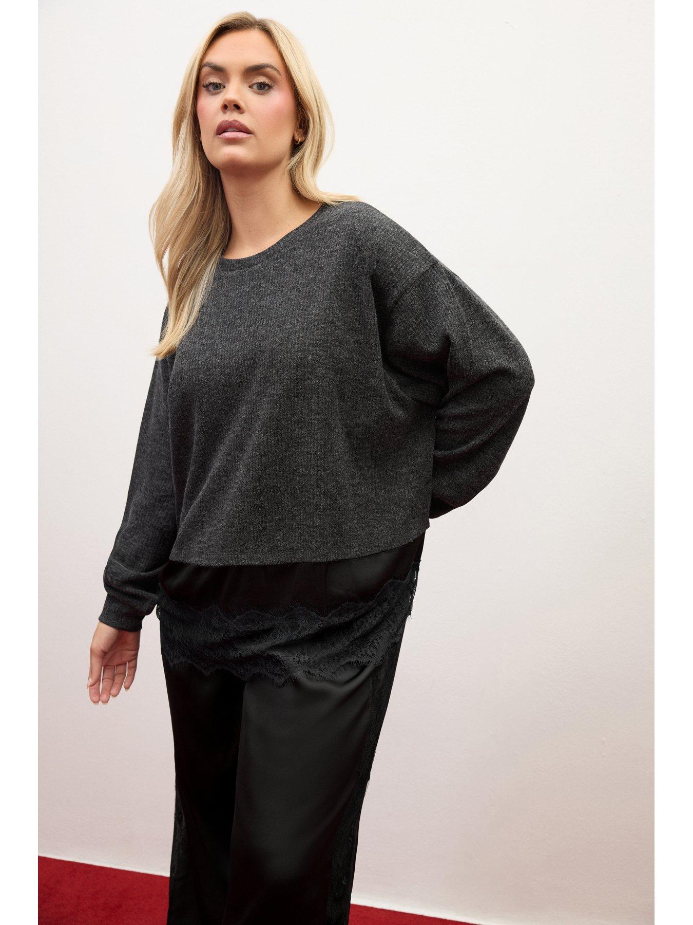 Yours Women's Long Sleeve Lace Hem Top in Grey | Size: 20 - Image 6