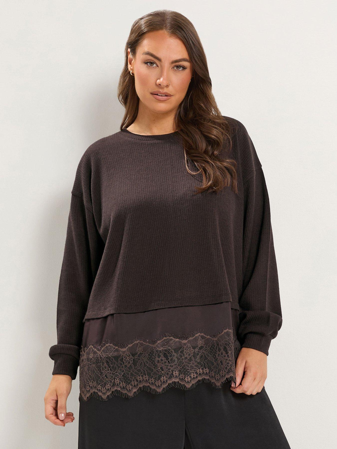 Yours Women's Chocolate Long Sleeve Lace Hem Top In | Size: 12 - Image 6