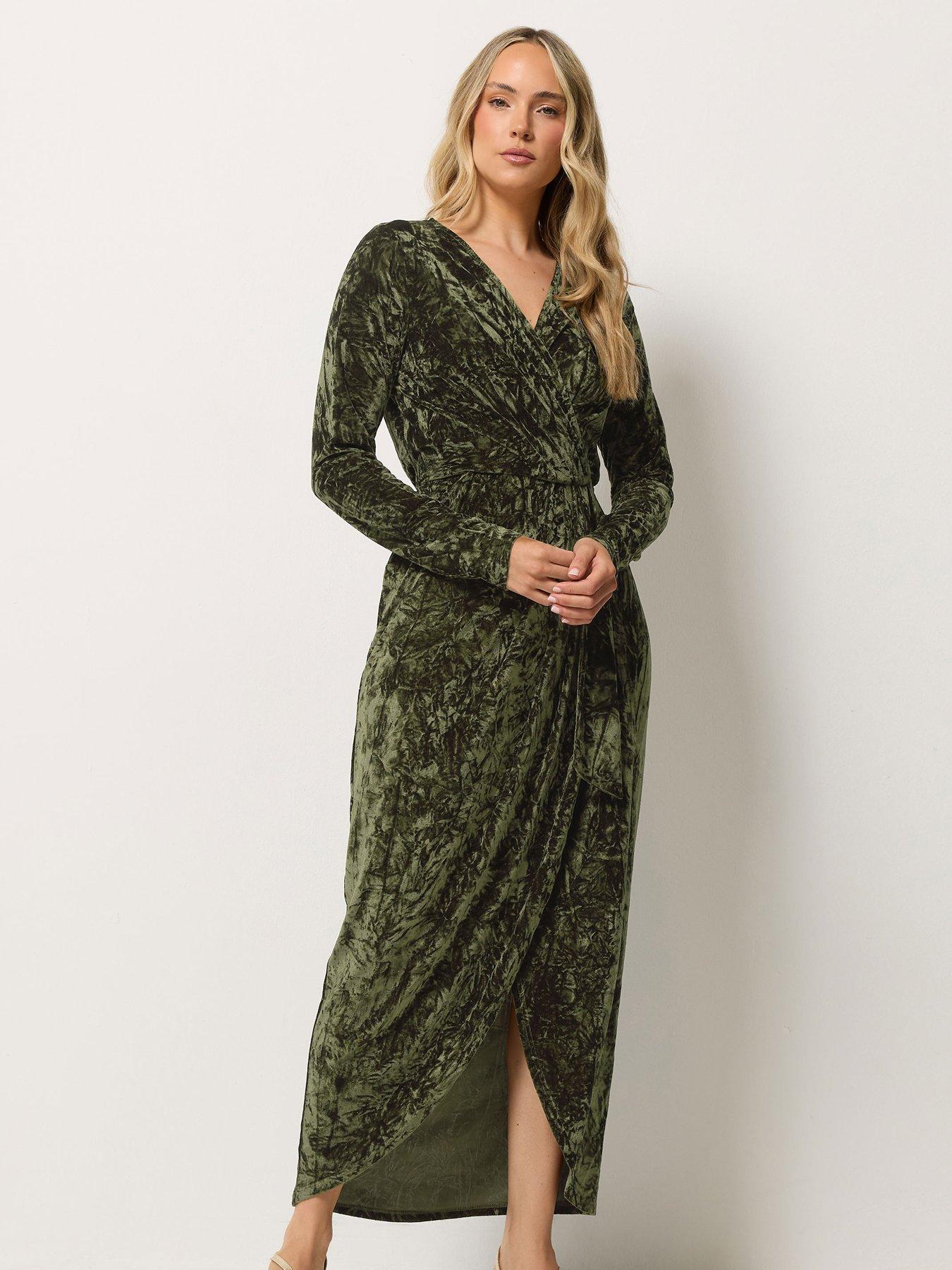 Lts Women's Green Tall Olive Crushed Velvet Wrap Midi Dress Size 14 - Image 2