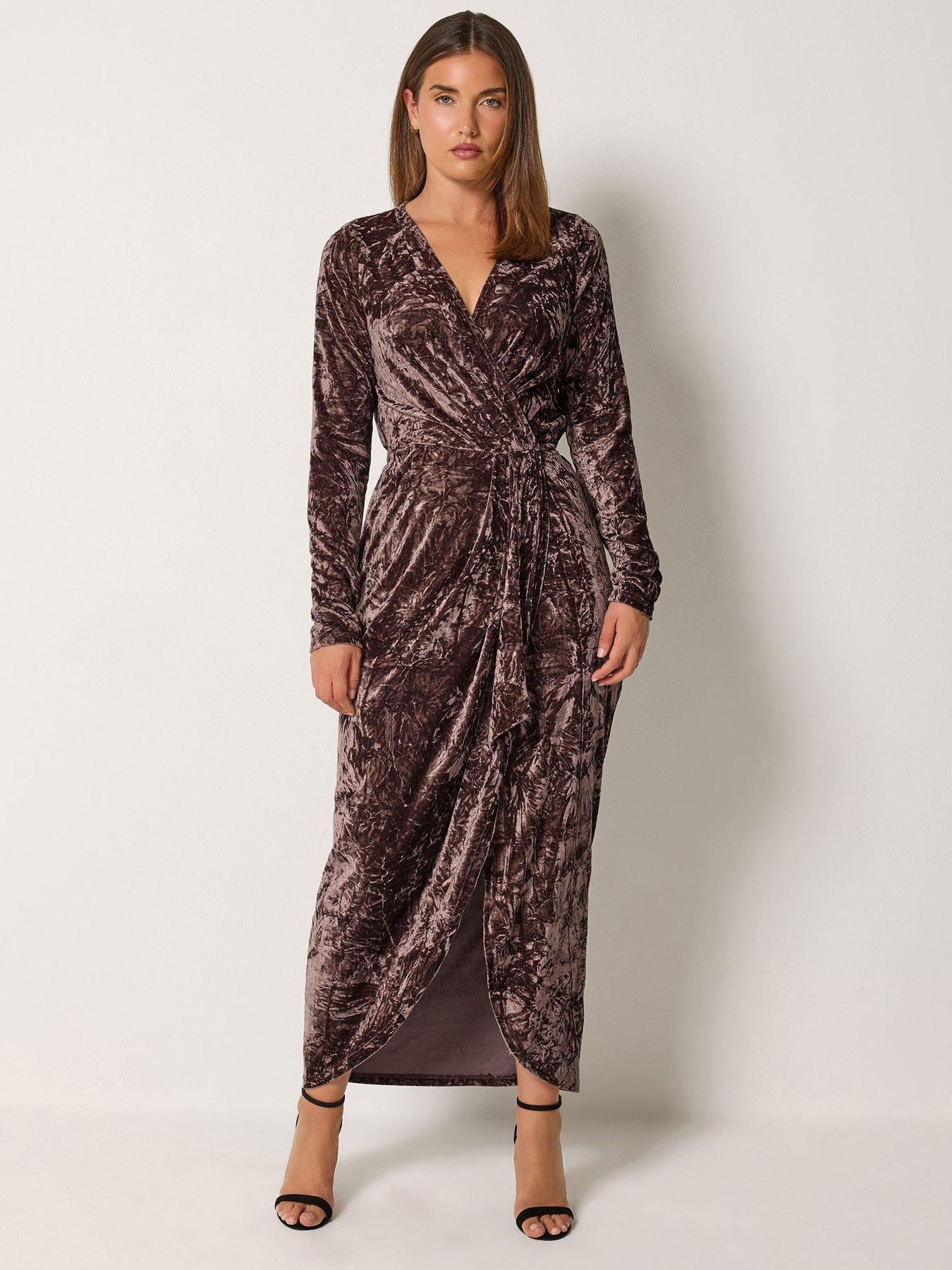 Long Tall Sally Women's Brown Crushed Velvet Wrap Midi Dress - Image 4