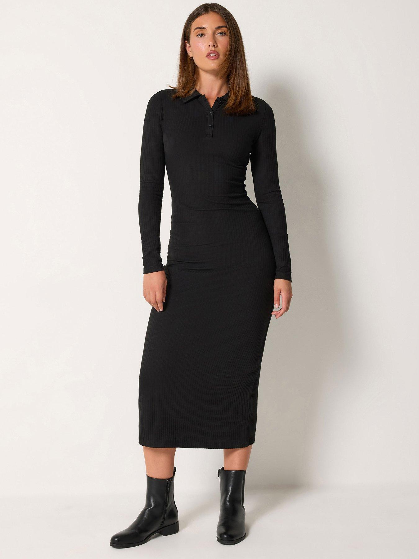 Lts Women's Black Tall Button Ribbed Midi Dress Size 10 - Image 2