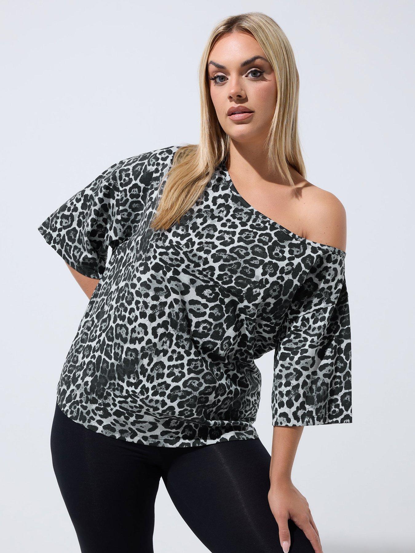 Yours Women's Grey Leopard Print Off Shoulder Tee In Size 12 - Image 2
