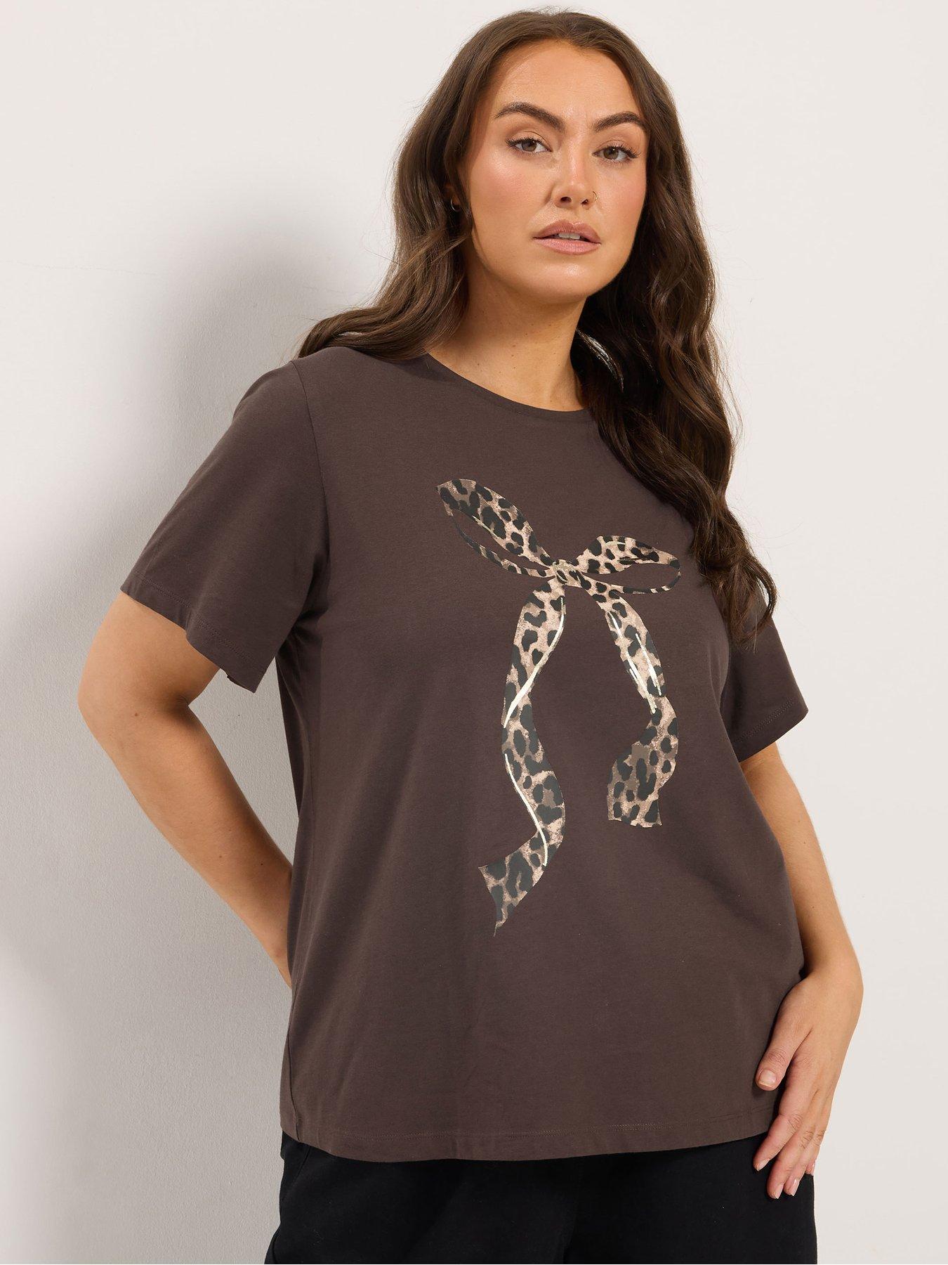 Image 1 of 4 of Yours Womens Curve Placement Print Set In Sleeve T-Shirt - Brown
