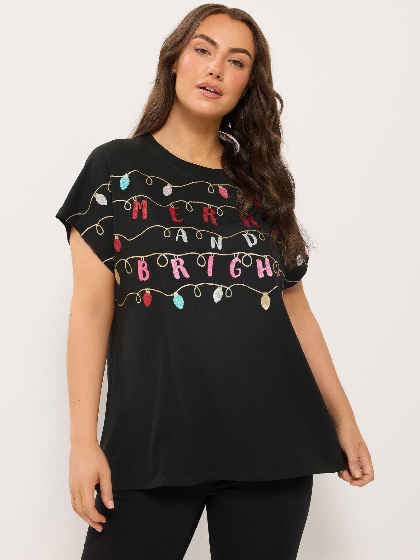Image 1 of 4 of Yours Womens Curve Christmas Merry &amp; Bright Novelty T-Shirt - Black