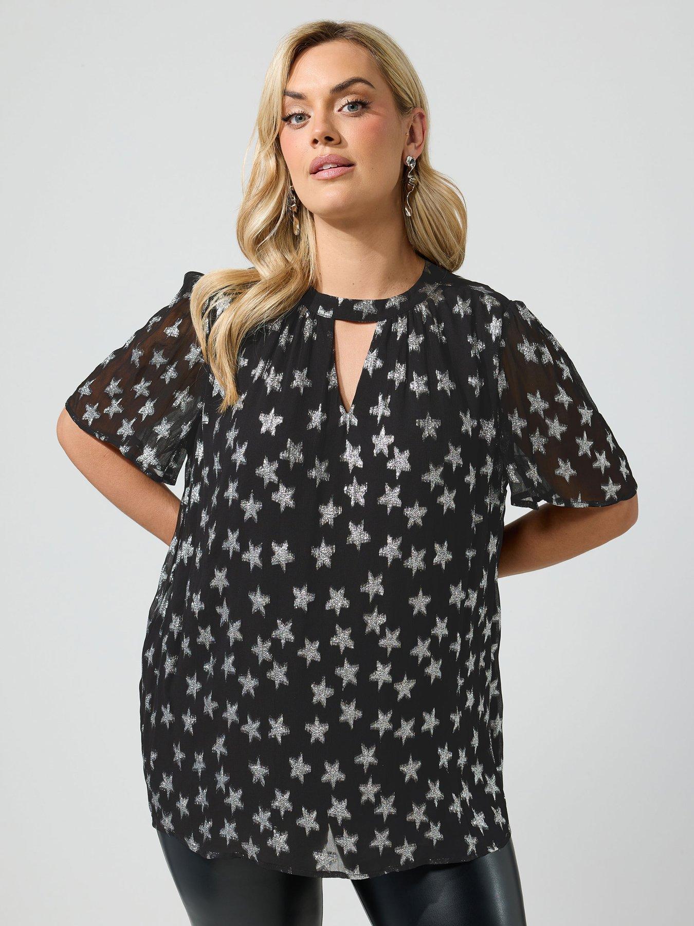 Yours Curve Metallic Star Keyhole Blouse, Black, Size 10, Women