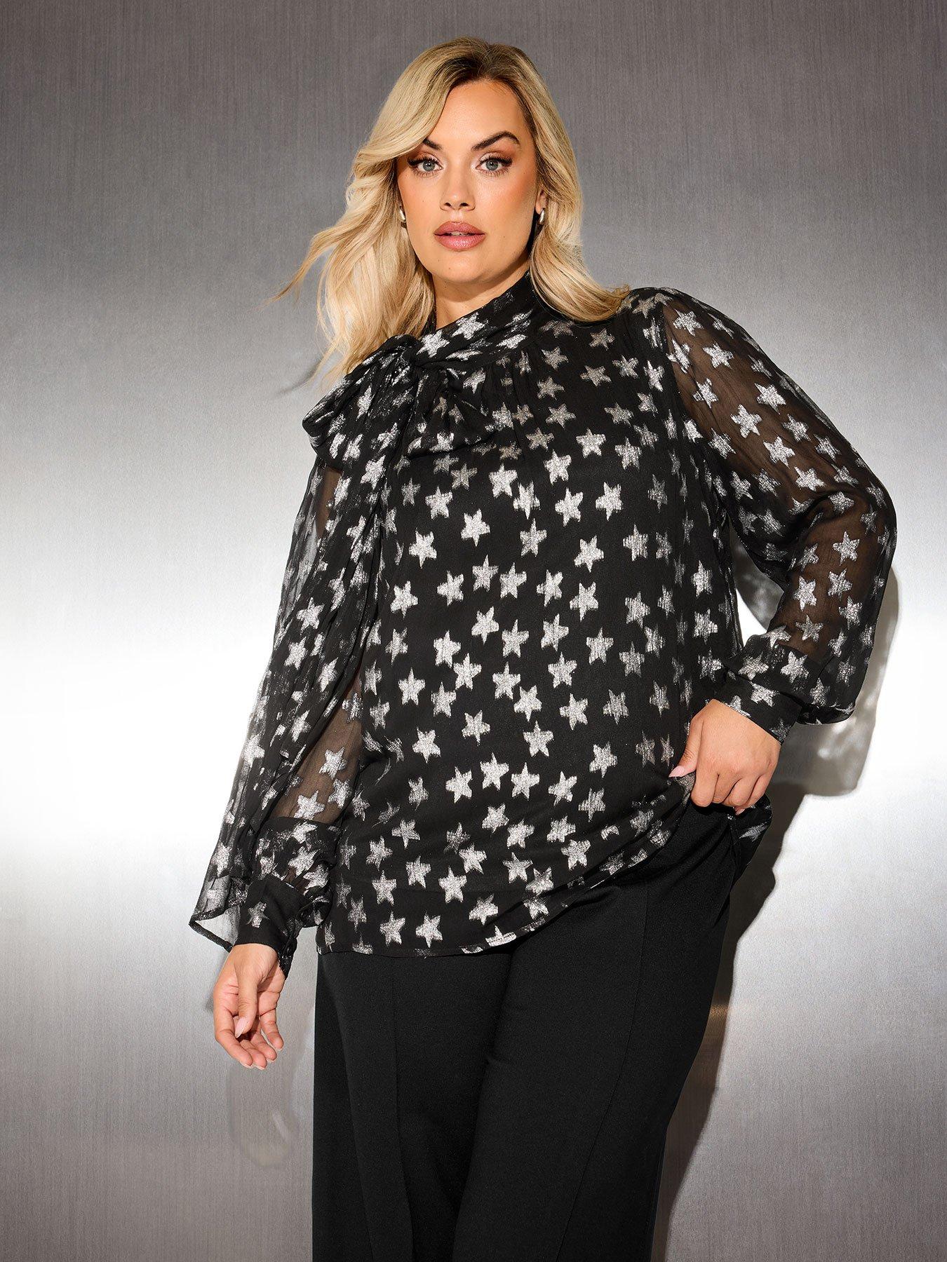 Image 1 of 4 of Yours Womens Curve Bow Neck Star Print Blouse - Black