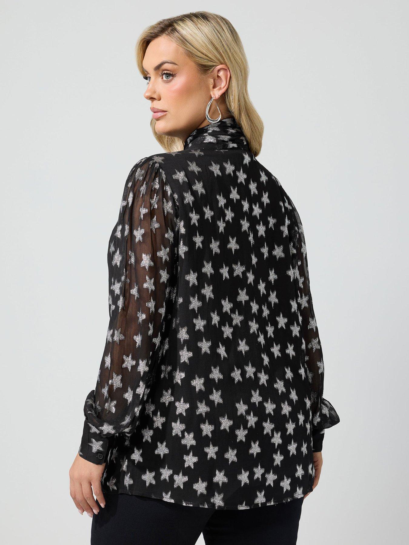 Image 2 of 4 of Yours Womens Curve Bow Neck Star Print Blouse - Black