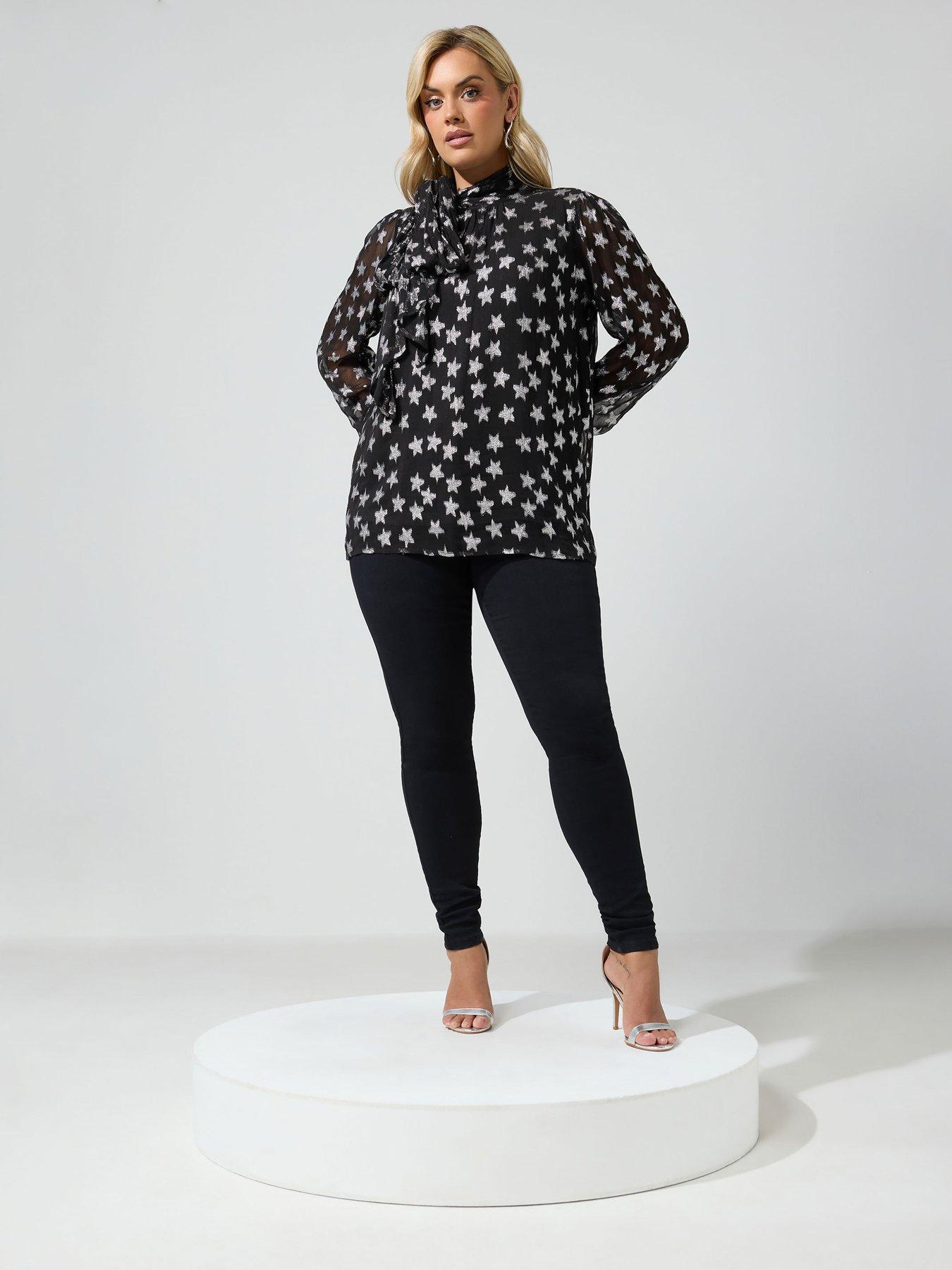 Image 3 of 4 of Yours Womens Curve Bow Neck Star Print Blouse - Black