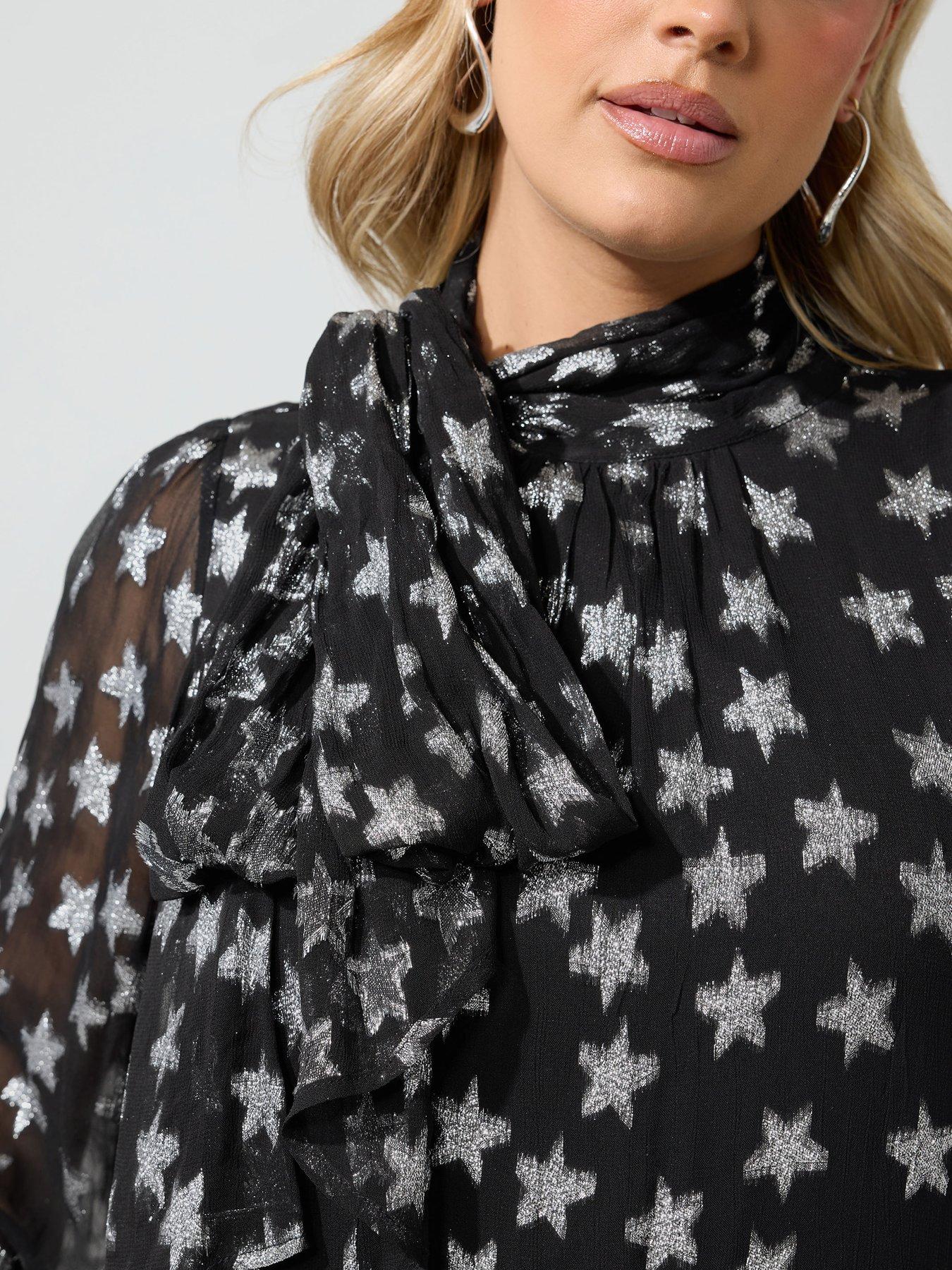 Image 4 of 4 of Yours Womens Curve Bow Neck Star Print Blouse - Black