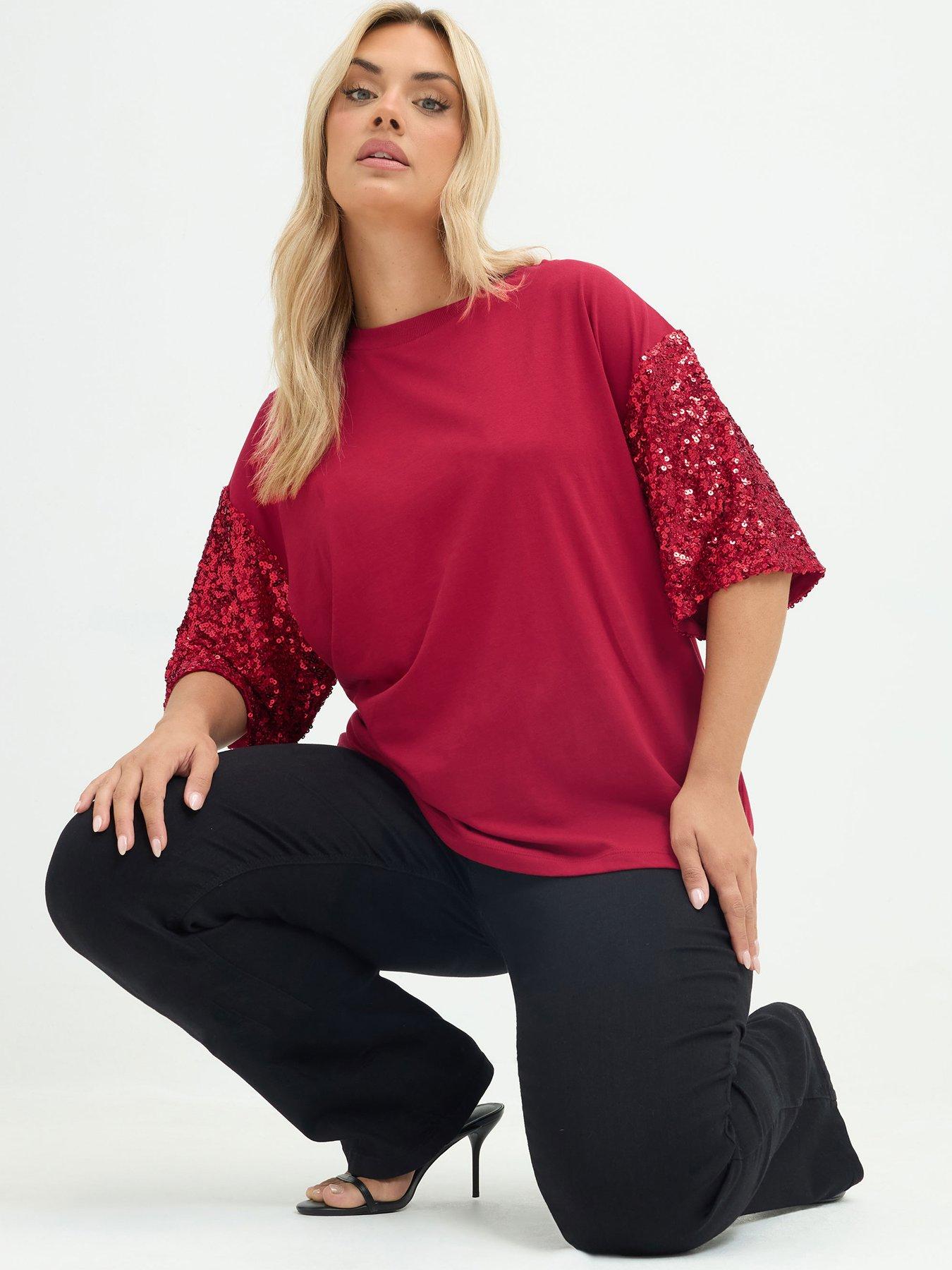 Yours Women's Red Sequin Sleeve T-Shirt In | Size: 10 - Image 5