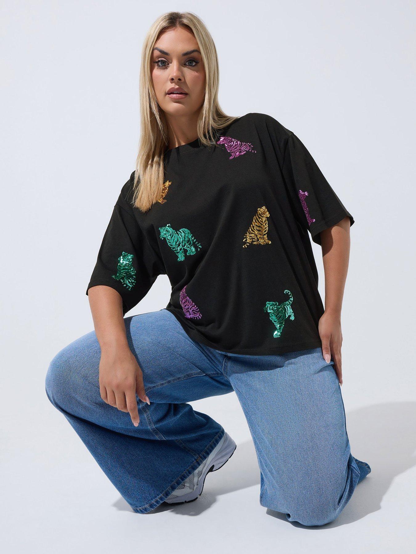 Yours Women's Sequin Embellished Tiger T-Shirt in Black | Size: 22-24 - Image 2