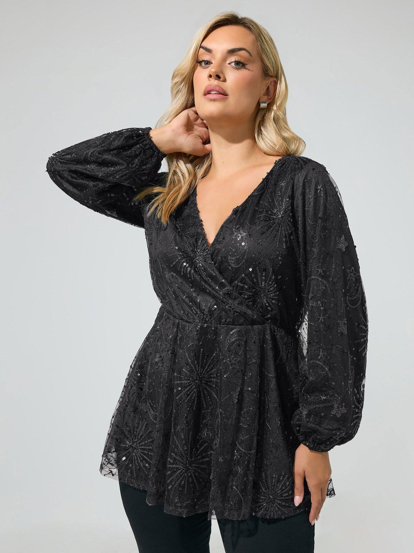 Yours Women's Sequin Celestial Wrap Top in Black | Size: 14 - Image 2
