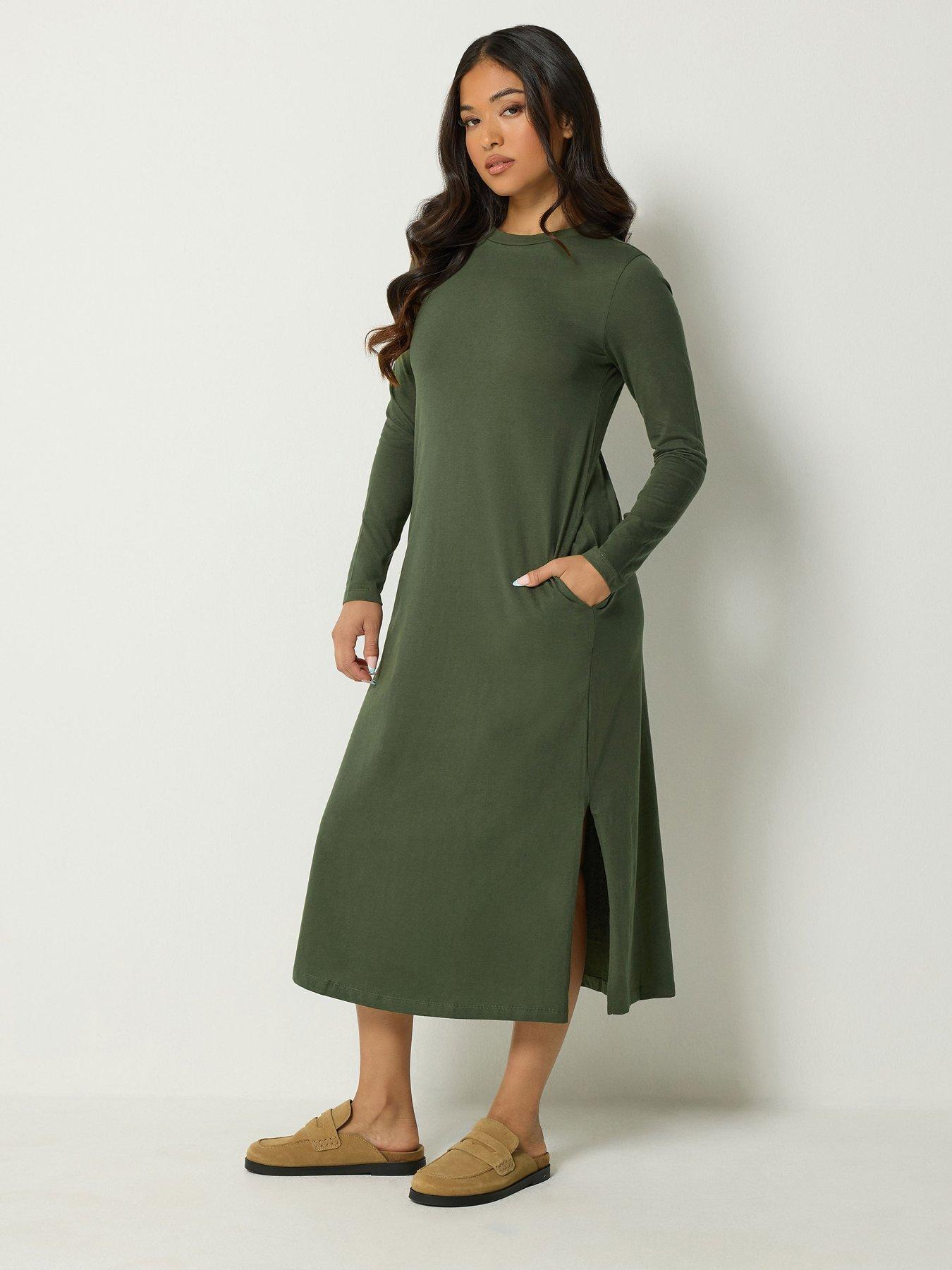 Image 1 of 4 of Yours Womens Petite Long Sleeve Jersey Side Split Maxi Dress - Green