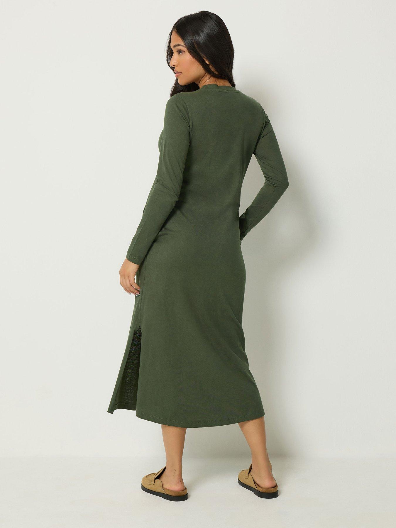 Image 2 of 4 of Yours Womens Petite Long Sleeve Jersey Side Split Maxi Dress - Green