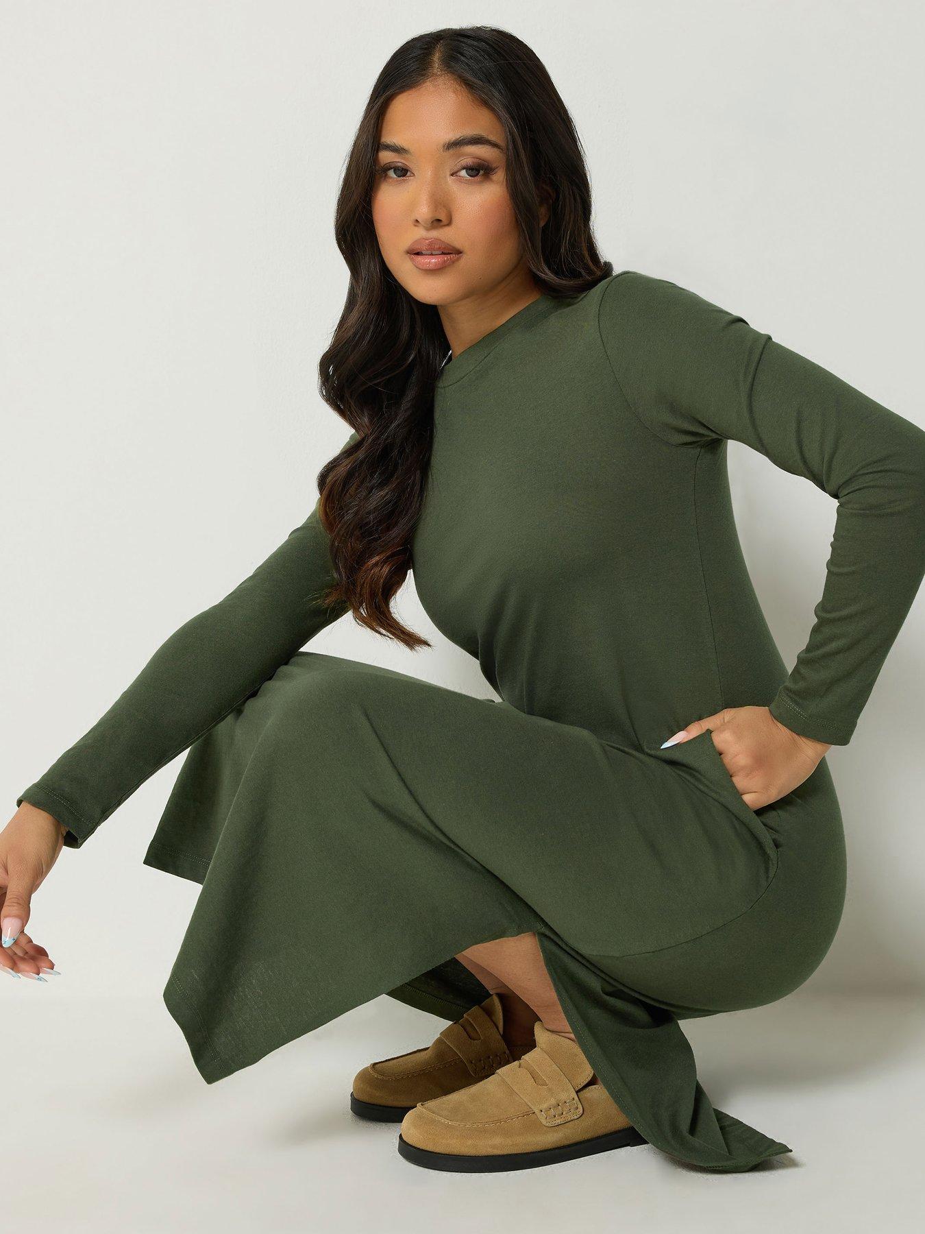 Image 3 of 4 of Yours Womens Petite Long Sleeve Jersey Side Split Maxi Dress - Green