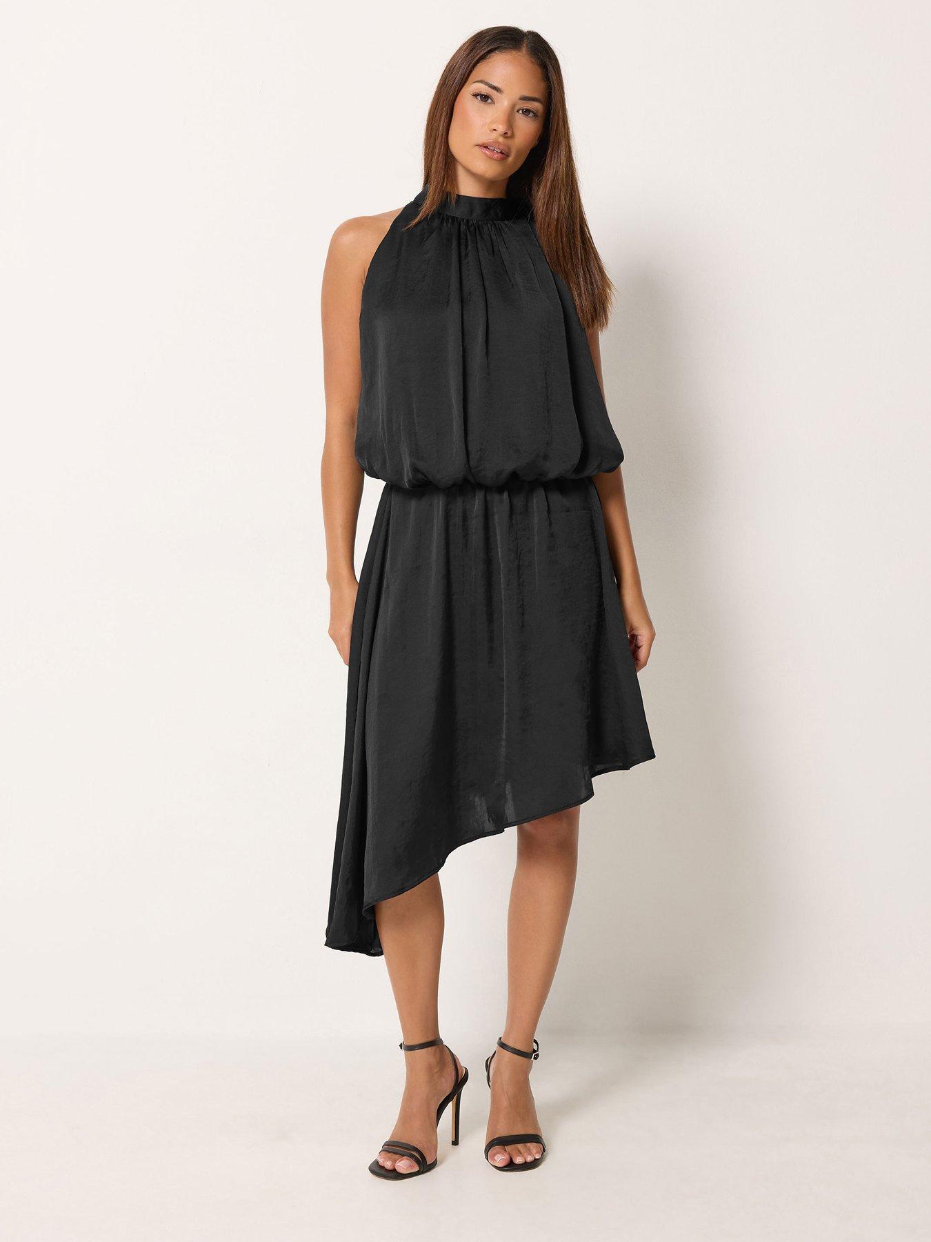 Image 1 of 4 of Yours Womens Petite Halter Neck Asymmetric Dress - Black