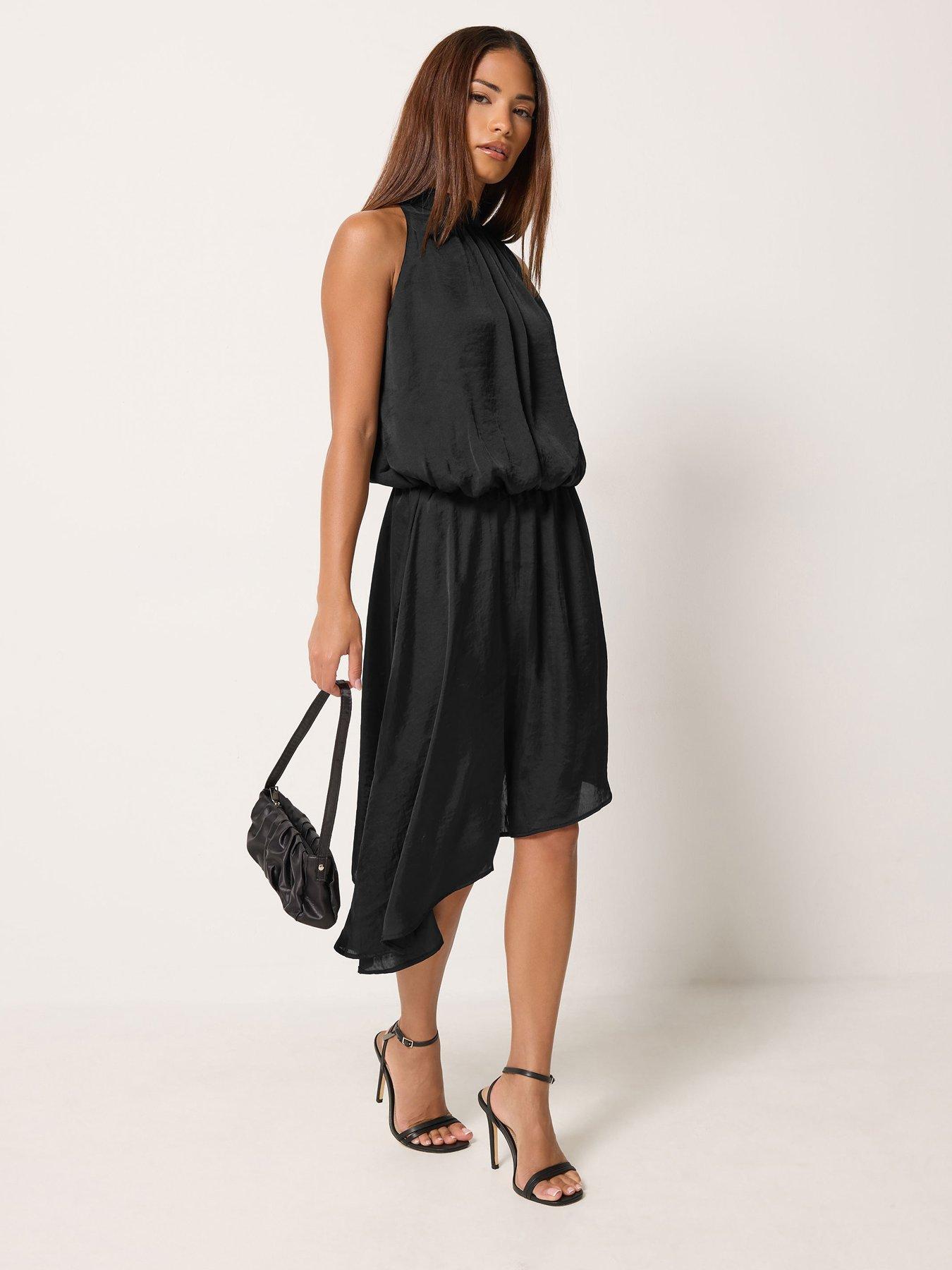 Image 3 of 4 of Yours Womens Petite Halter Neck Asymmetric Dress - Black
