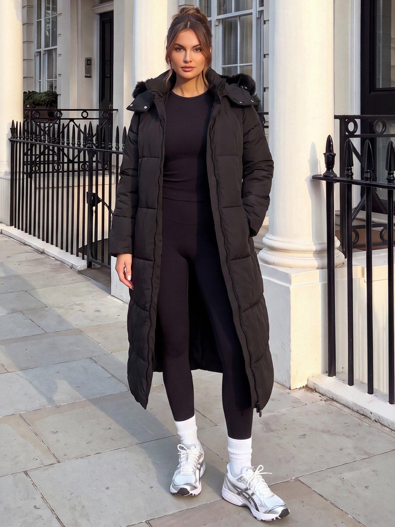 Image 1 of 4 of AX Paris Black Faux Fur Hooded Longline Padded Coat