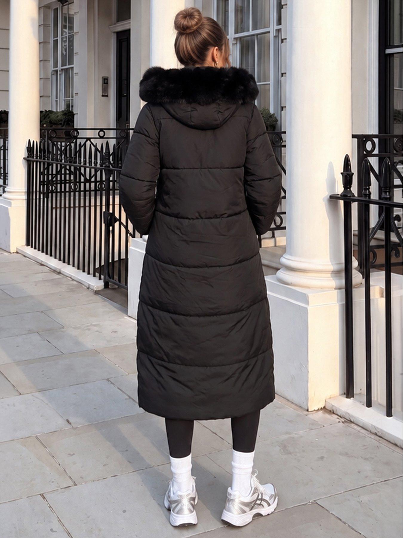 Image 2 of 4 of AX Paris Black Faux Fur Hooded Longline Padded Coat