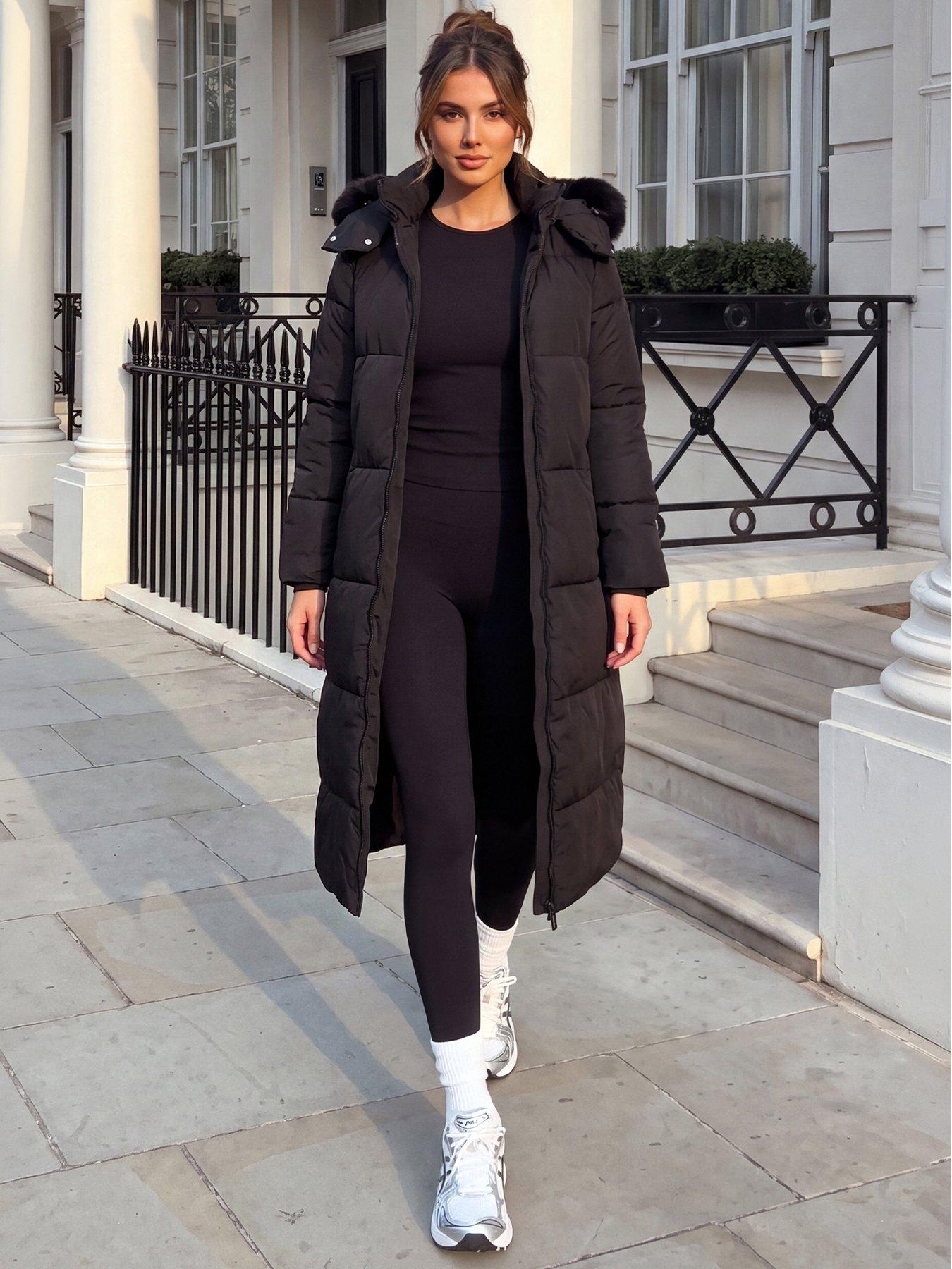 Image 3 of 4 of AX Paris Black Faux Fur Hooded Longline Padded Coat