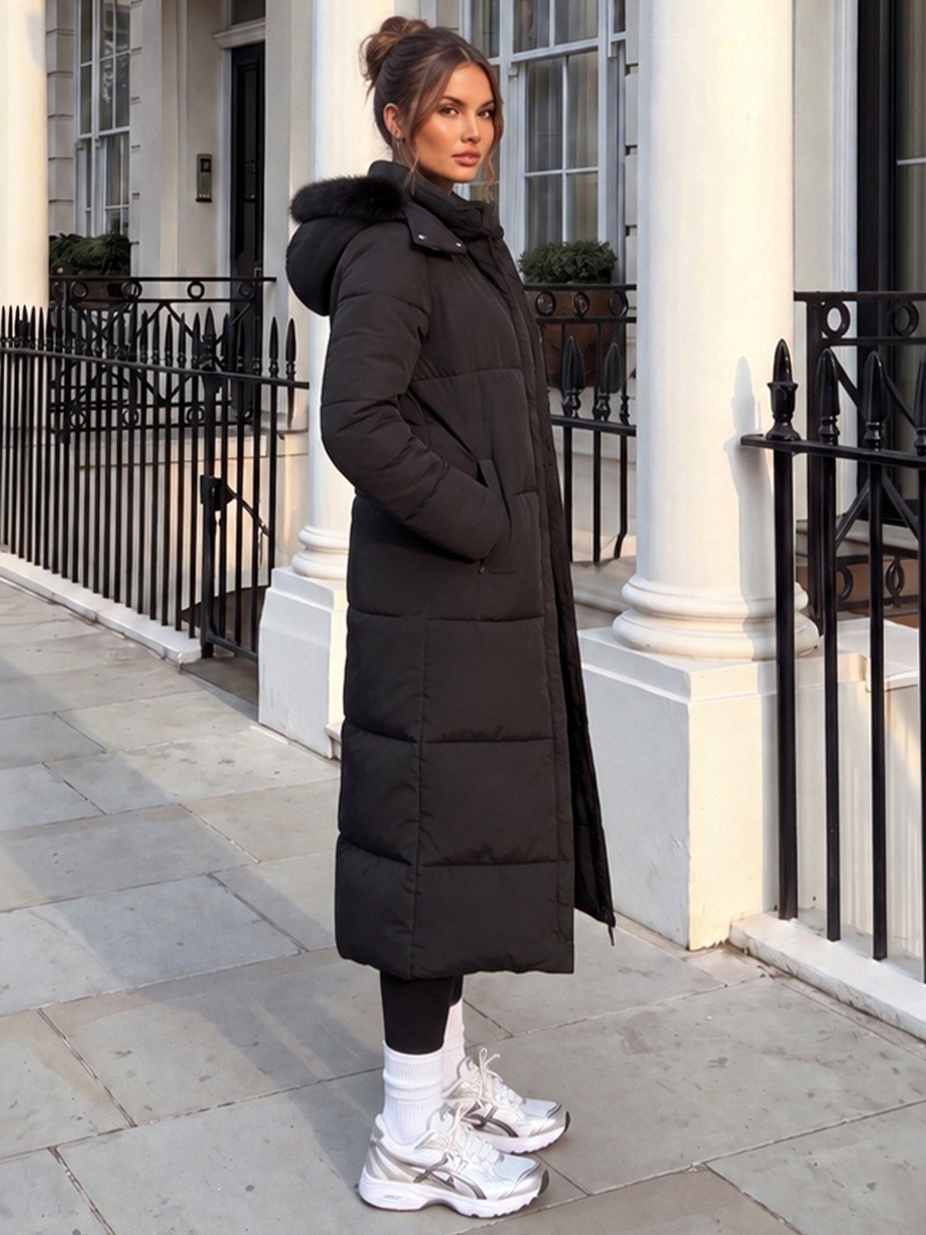 Image 4 of 4 of AX Paris Black Faux Fur Hooded Longline Padded Coat