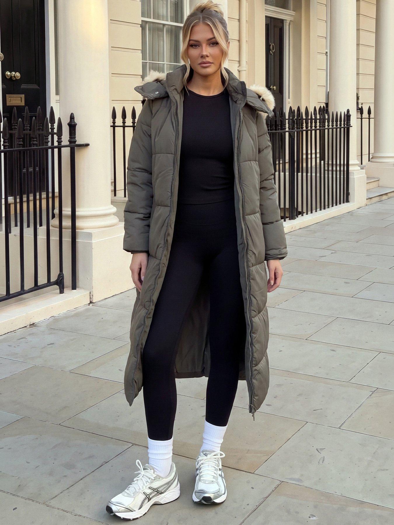 Image 1 of 4 of AX Paris Khaki Faux Fur Hooded Longline Padded Coat