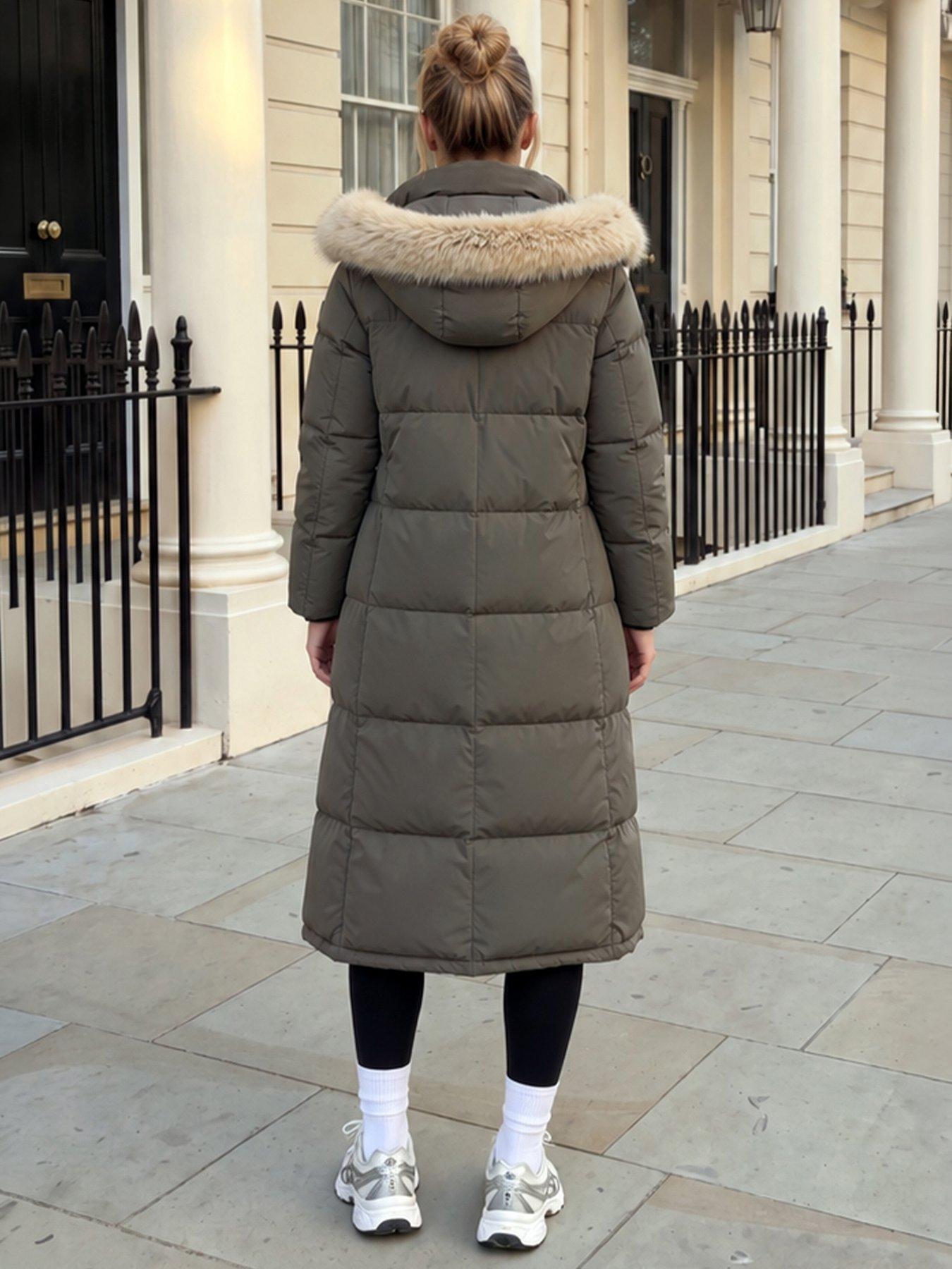 Image 2 of 4 of AX Paris Khaki Faux Fur Hooded Longline Padded Coat