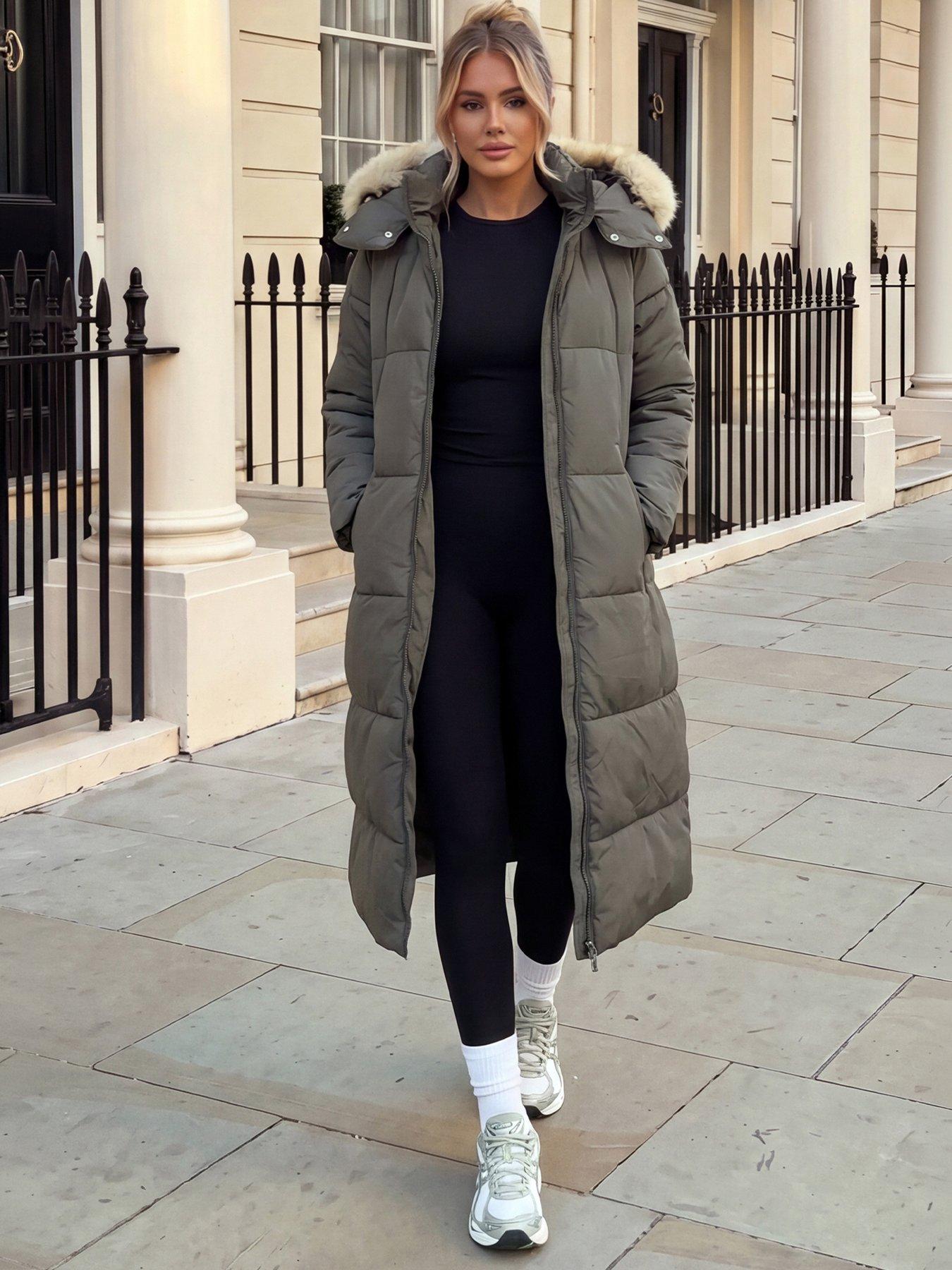 Image 3 of 4 of AX Paris Khaki Faux Fur Hooded Longline Padded Coat