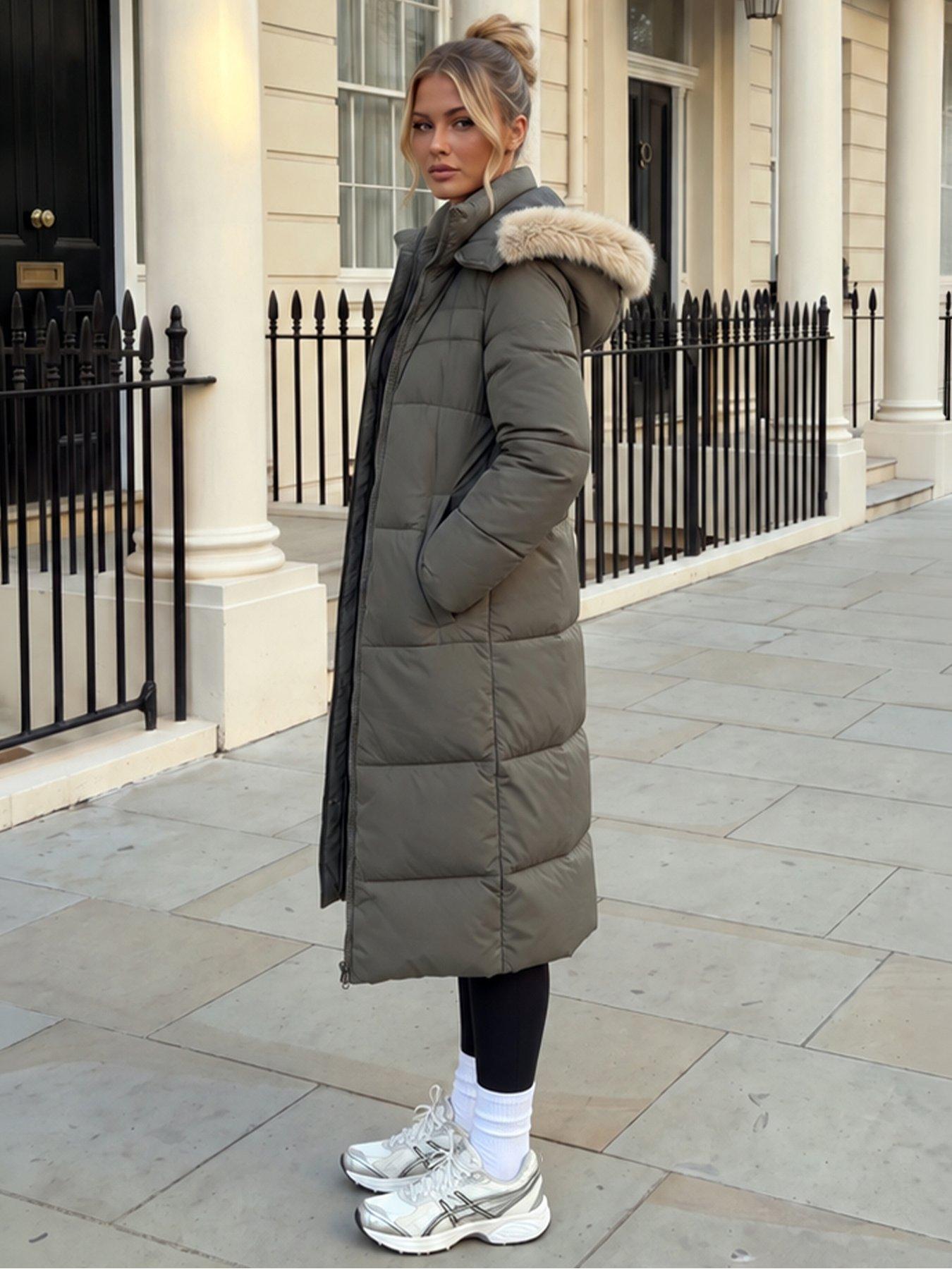 Image 4 of 4 of AX Paris Khaki Faux Fur Hooded Longline Padded Coat