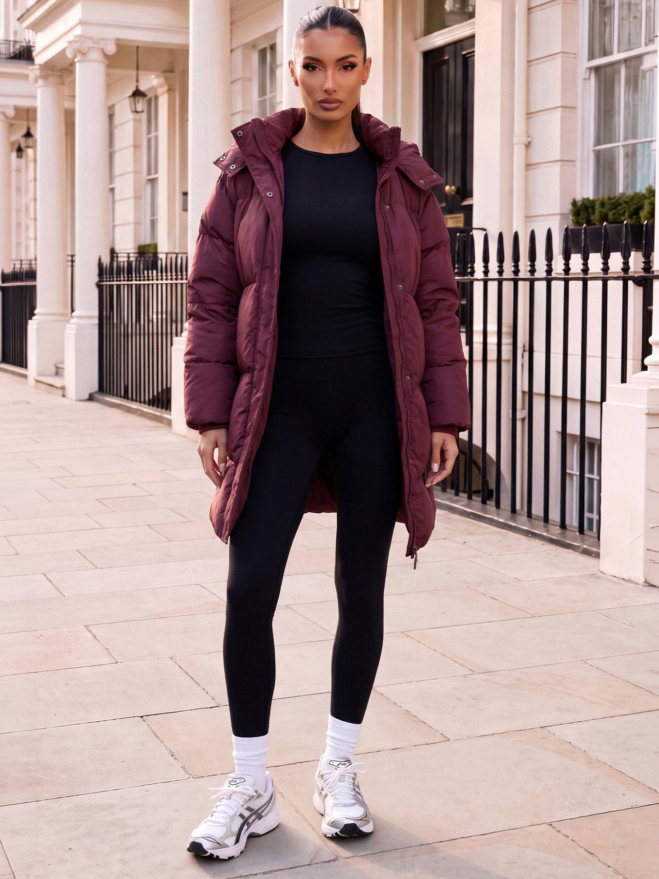 Image 1 of 4 of AX Paris Womens Hooded Longline Puffer Coat - Burgundy