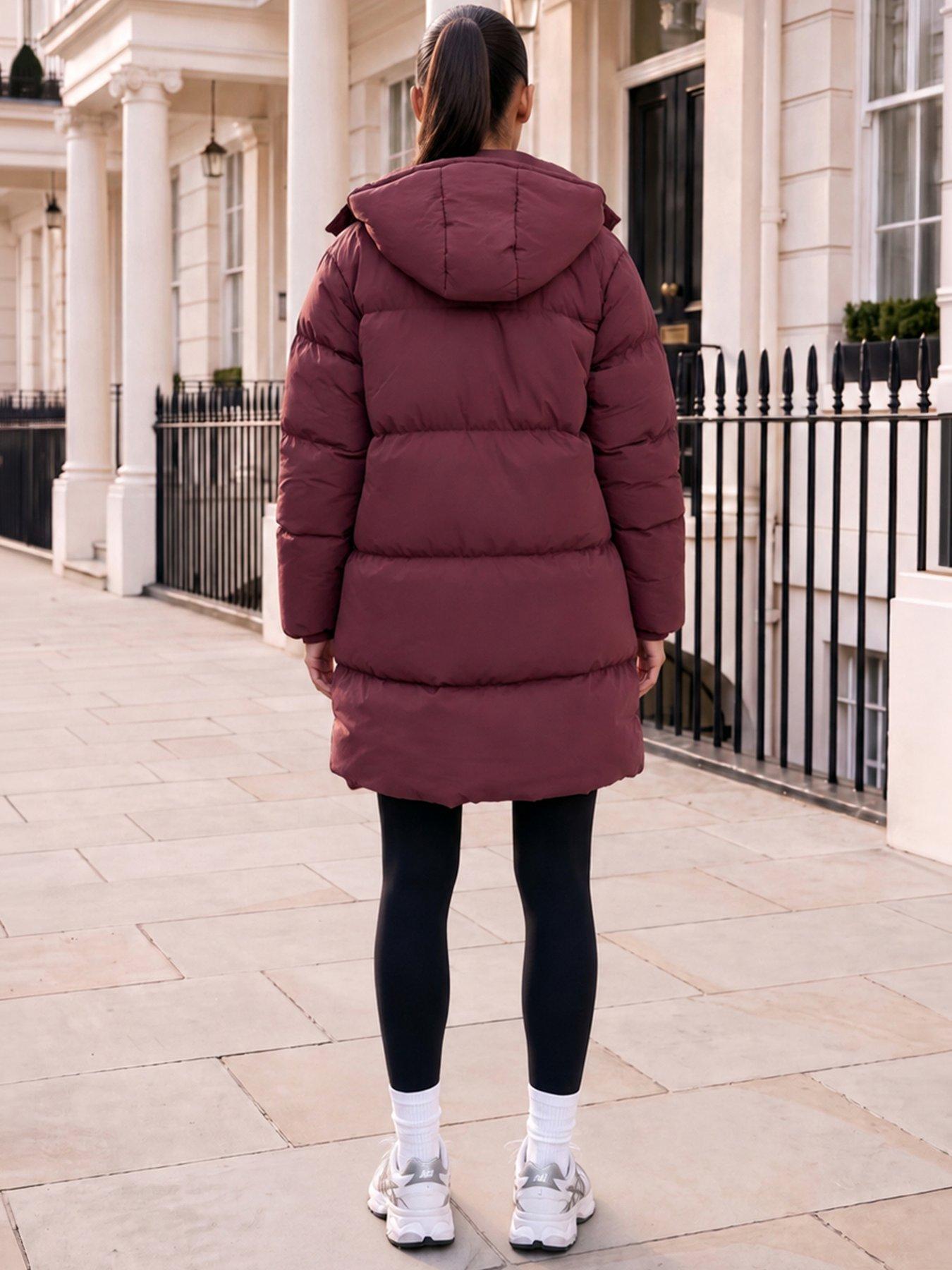 Image 2 of 4 of AX Paris Womens Hooded Longline Puffer Coat - Burgundy