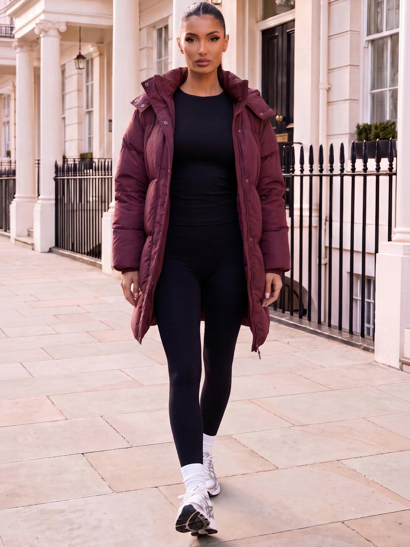 Image 3 of 4 of AX Paris Womens Hooded Longline Puffer Coat - Burgundy