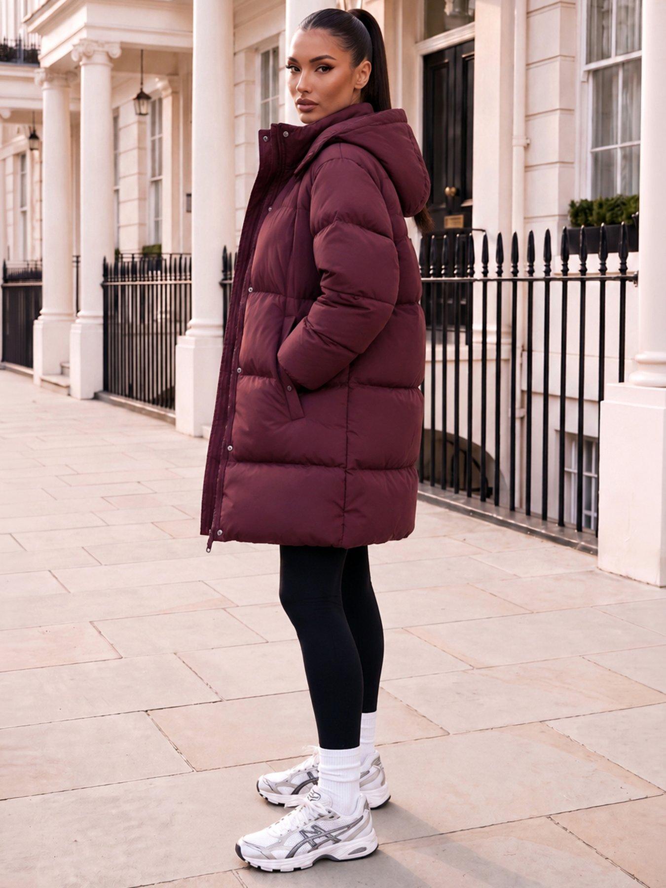Image 4 of 4 of AX Paris Womens Hooded Longline Puffer Coat - Burgundy