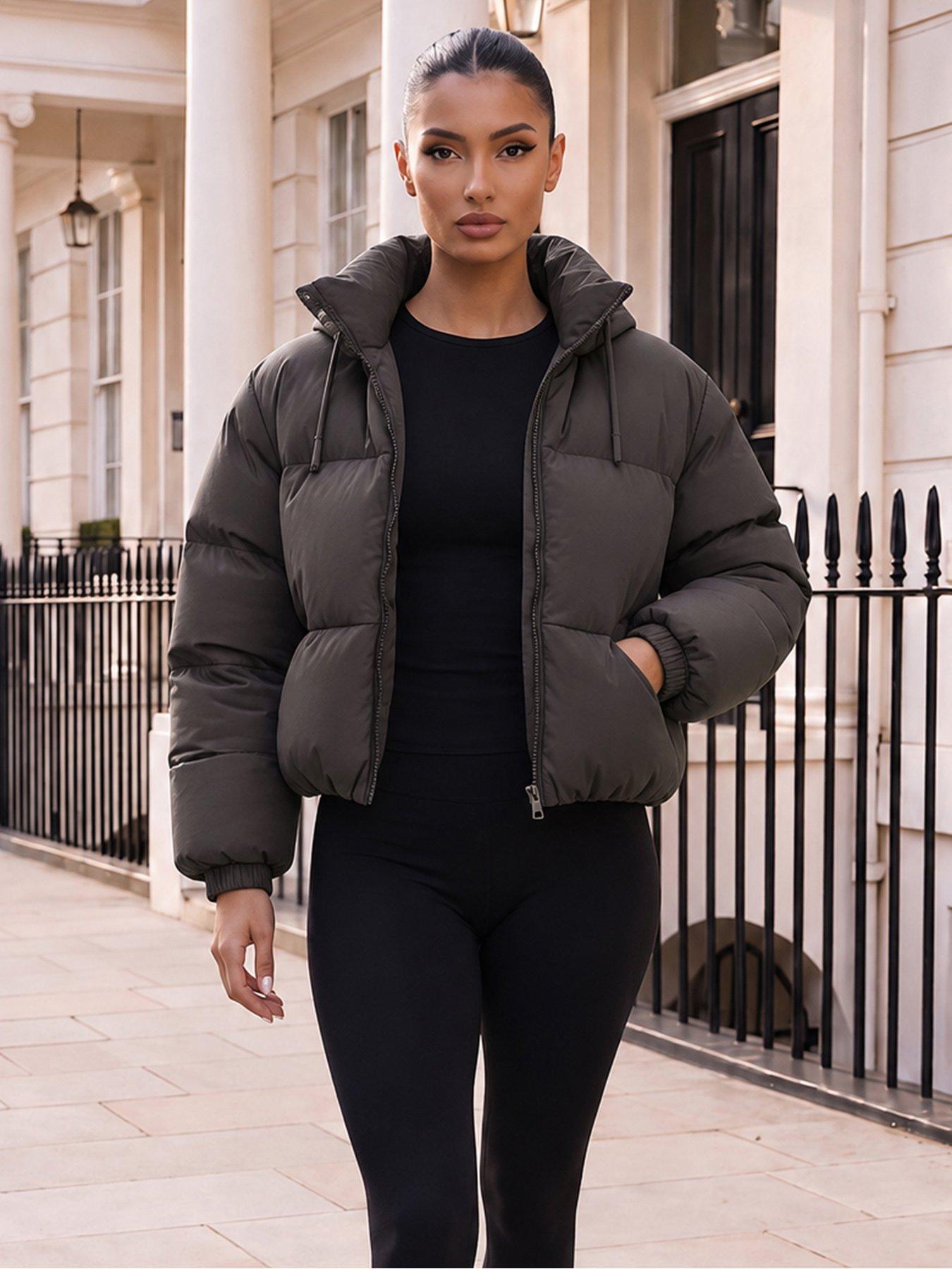 Image 3 of 4 of AX Paris Chocolate Drawstring Hood Short Puffer Coat