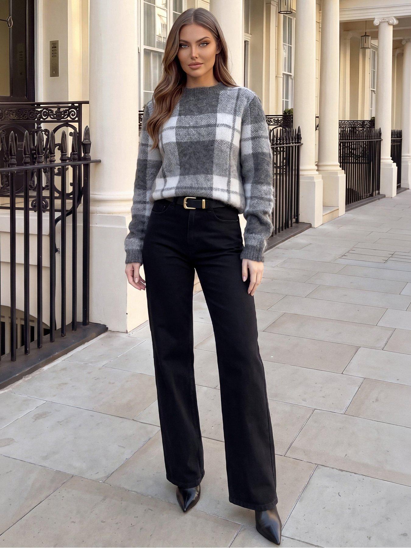 Image 1 of 4 of AX Paris Womens Brushed Check Crew Neck Jumper - Grey