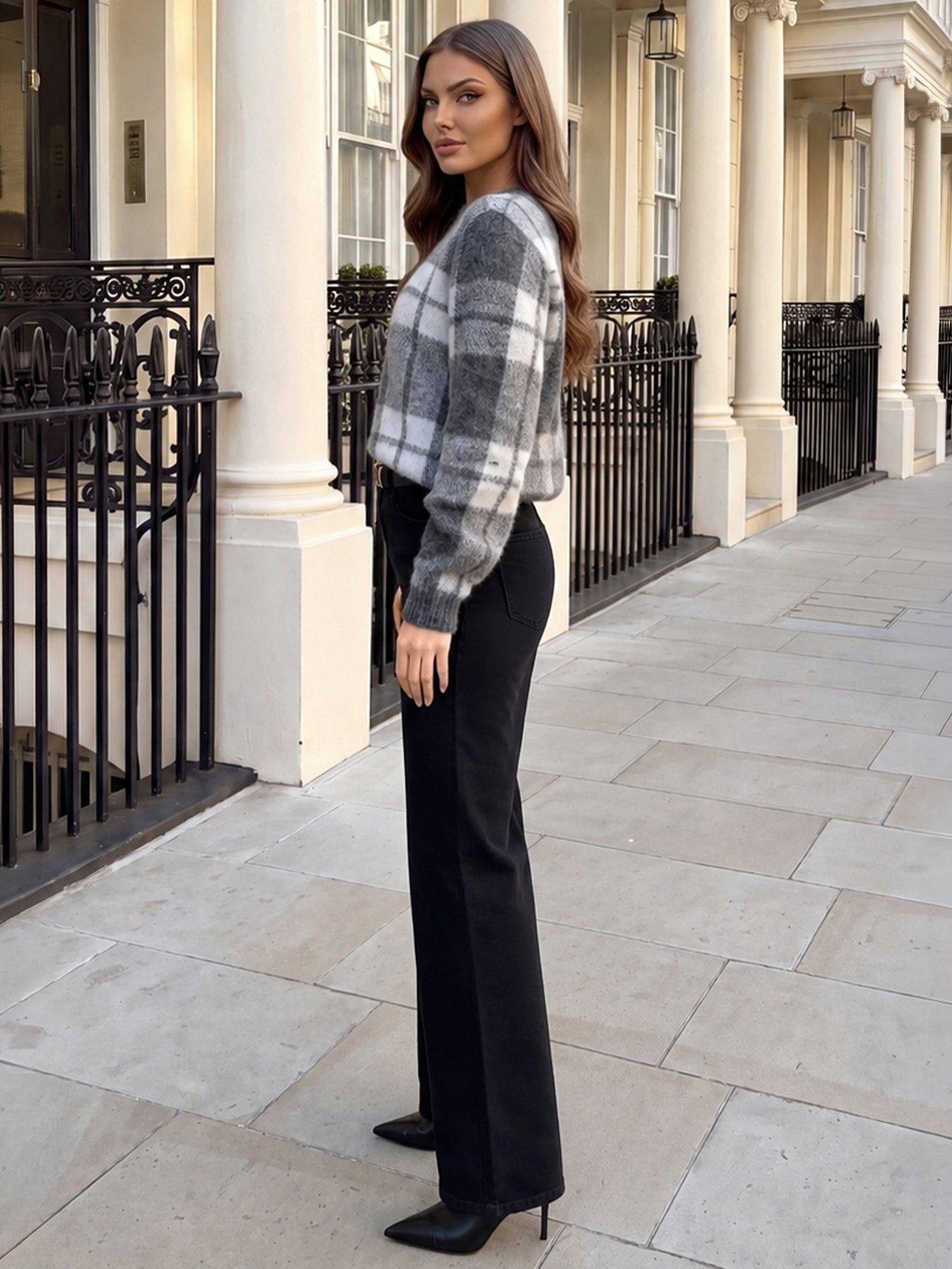 Image 4 of 4 of AX Paris Womens Brushed Check Crew Neck Jumper - Grey