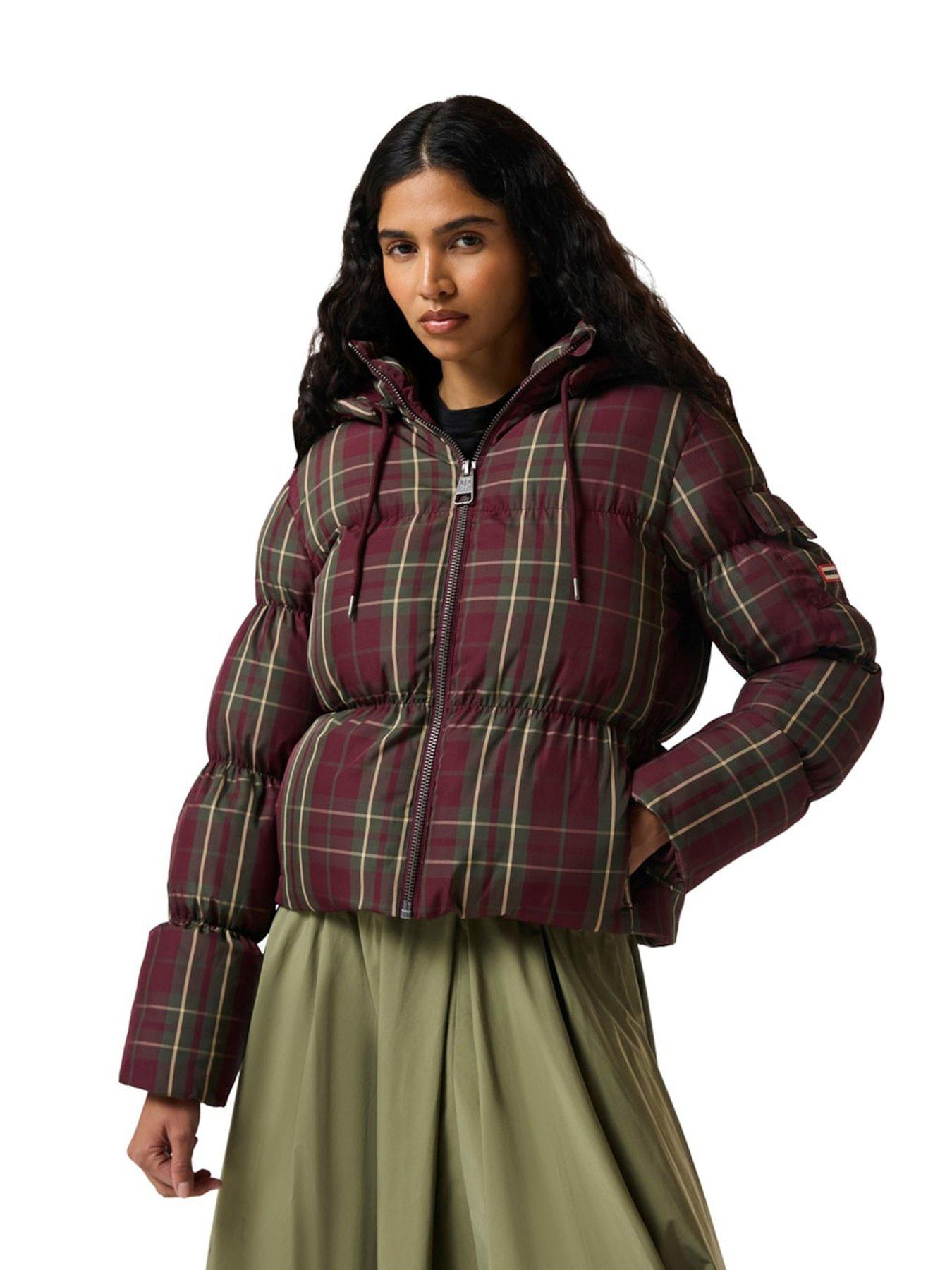 Hunter Womens Original Check Water-Resistant Hooded Puffer Jacket, Multi, Size S, Women