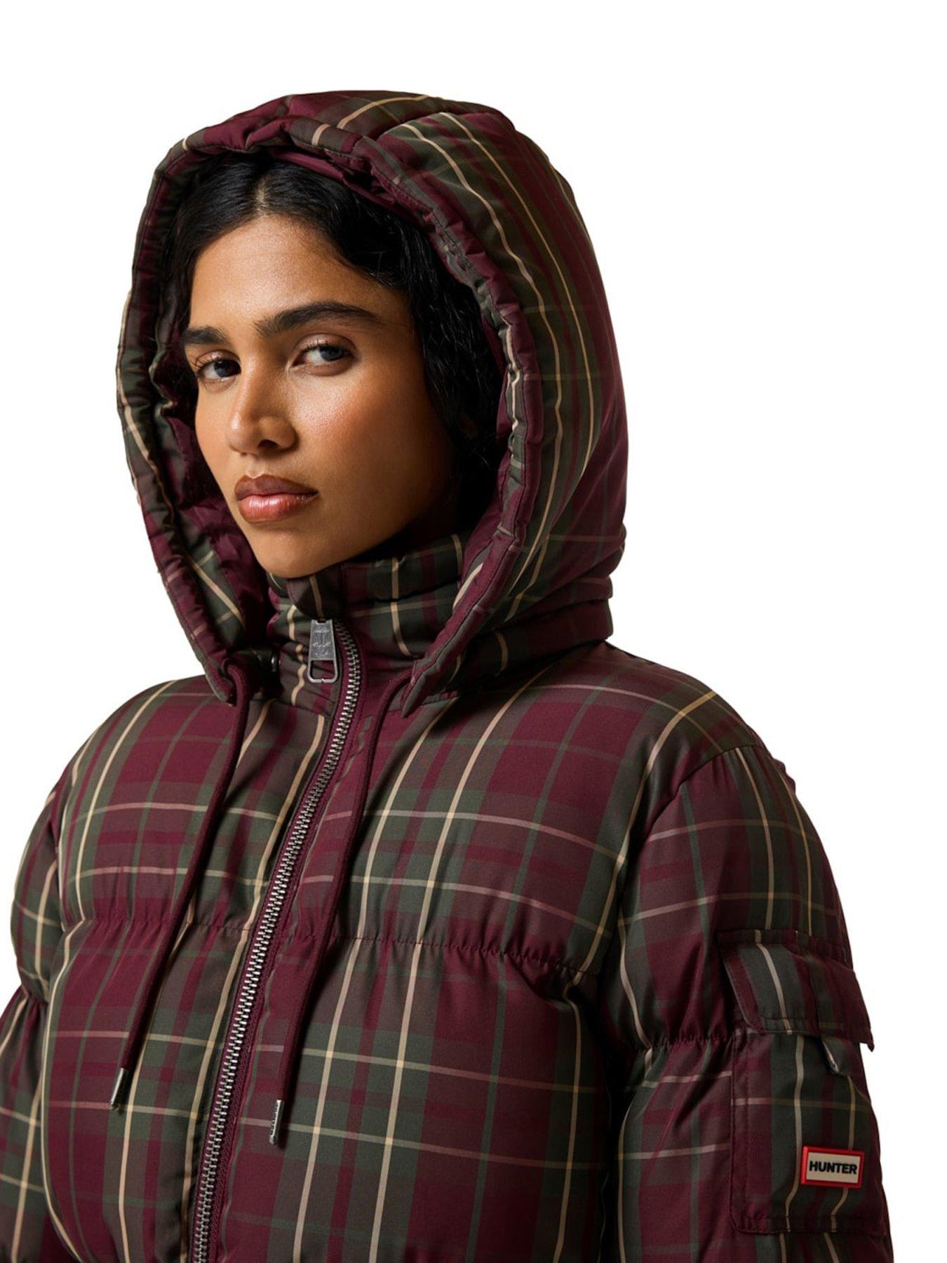 Image 4 of 4 of Hunter Womens Original Short Check Water-resistant Hooded Padded Jacket - Red Multi