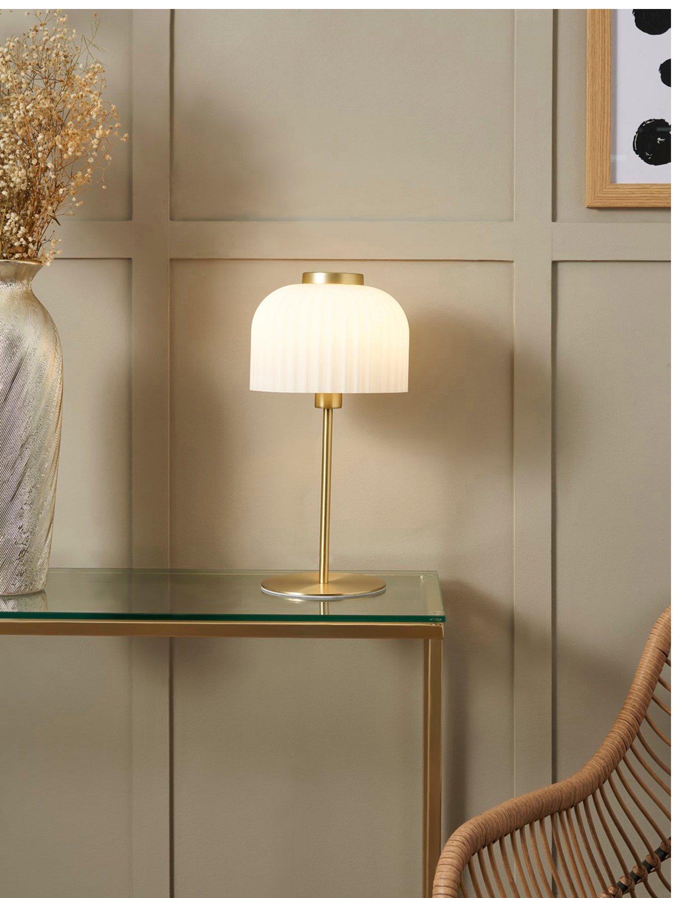 Image 2 of 5 of BHS Binita Glass Ribbed Table Lamp Opal & Brass