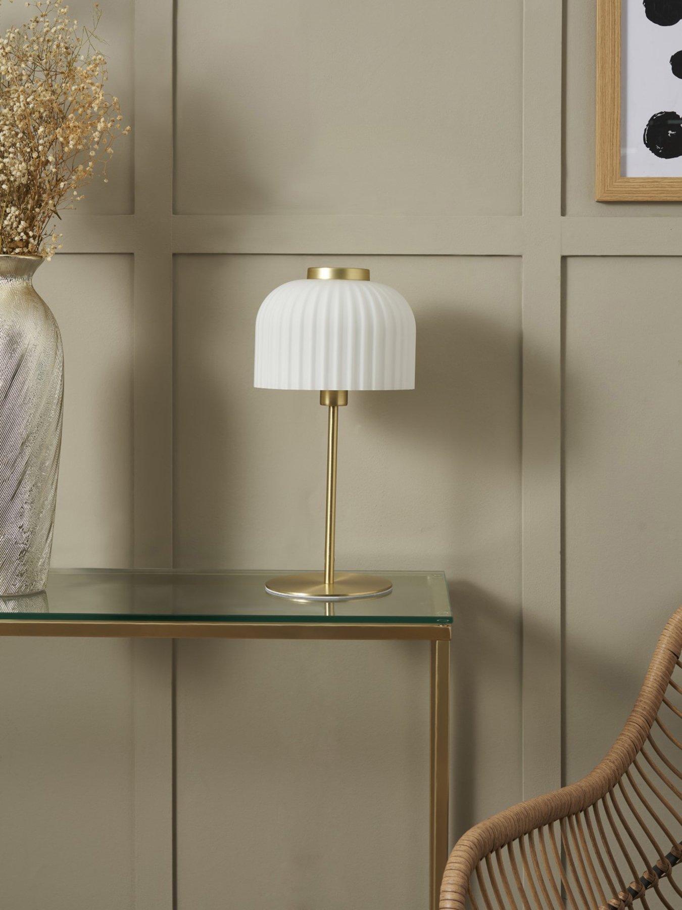 Image 3 of 5 of BHS Binita Glass Ribbed Table Lamp Opal & Brass