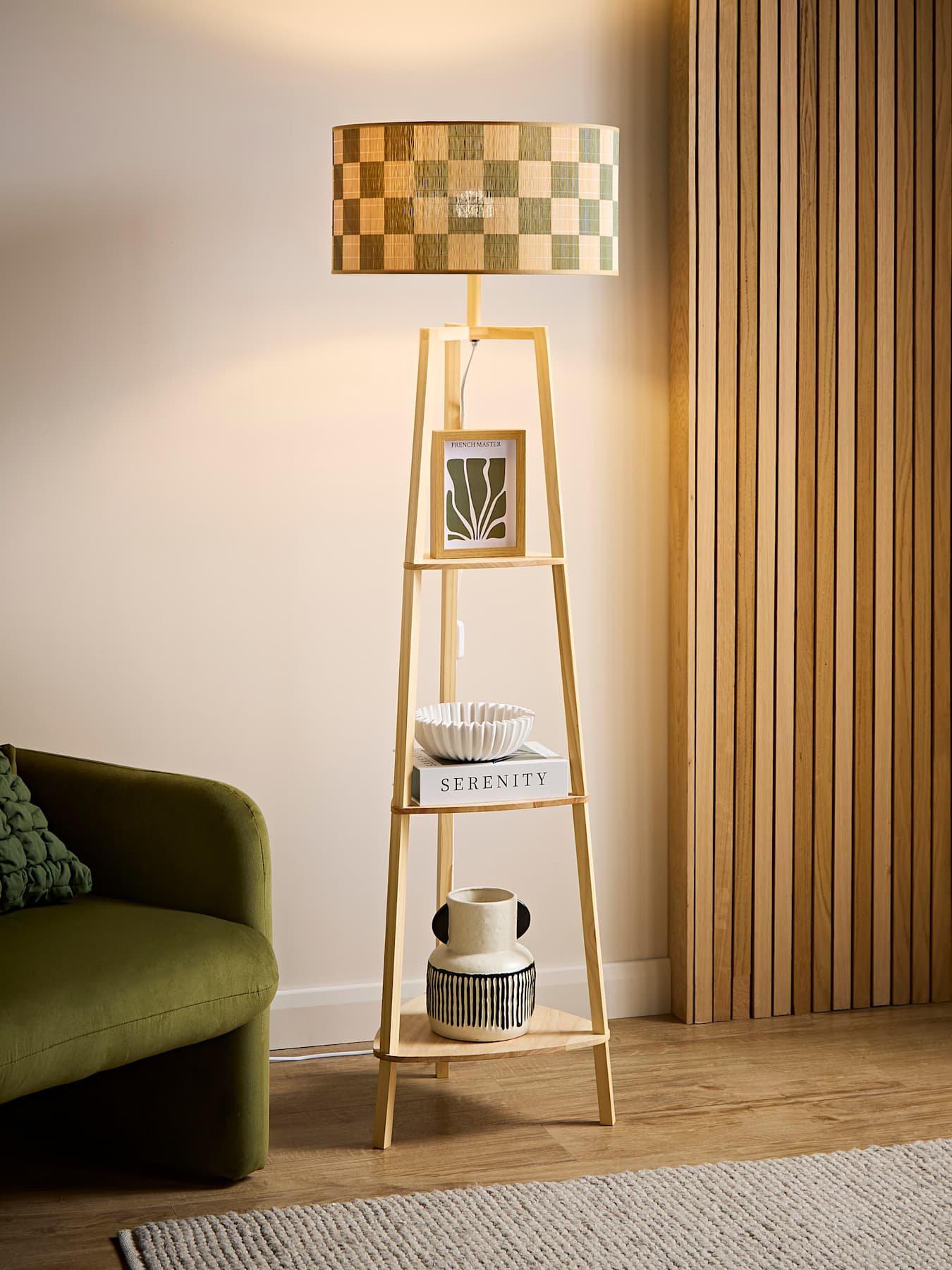 Image 1 of 5 of ValueLights Hiru Natural Wood 3 Tier Shelf Wooden Floor Lamp With Green Checkerboard Bamboo Shade With Bulb