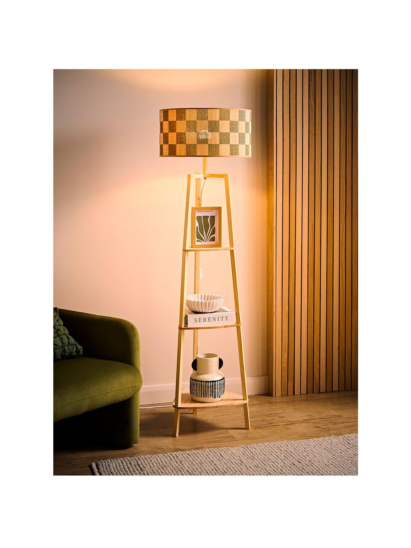 Image 2 of 5 of ValueLights Hiru Natural Wood 3 Tier Shelf Wooden Floor Lamp With Green Checkerboard Bamboo Shade With Bulb