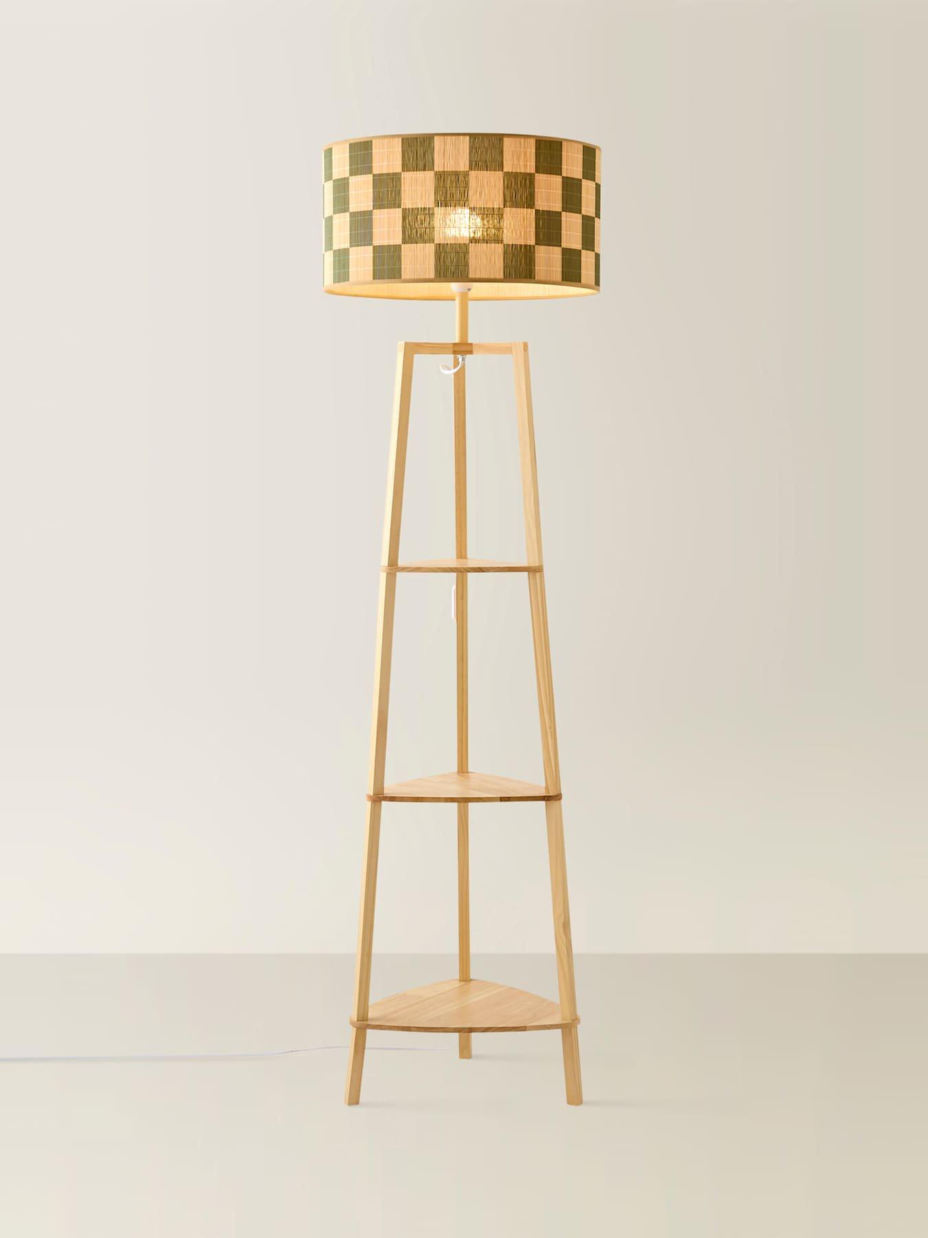 Image 3 of 5 of ValueLights Hiru Natural Wood 3 Tier Shelf Wooden Floor Lamp With Green Checkerboard Bamboo Shade With Bulb