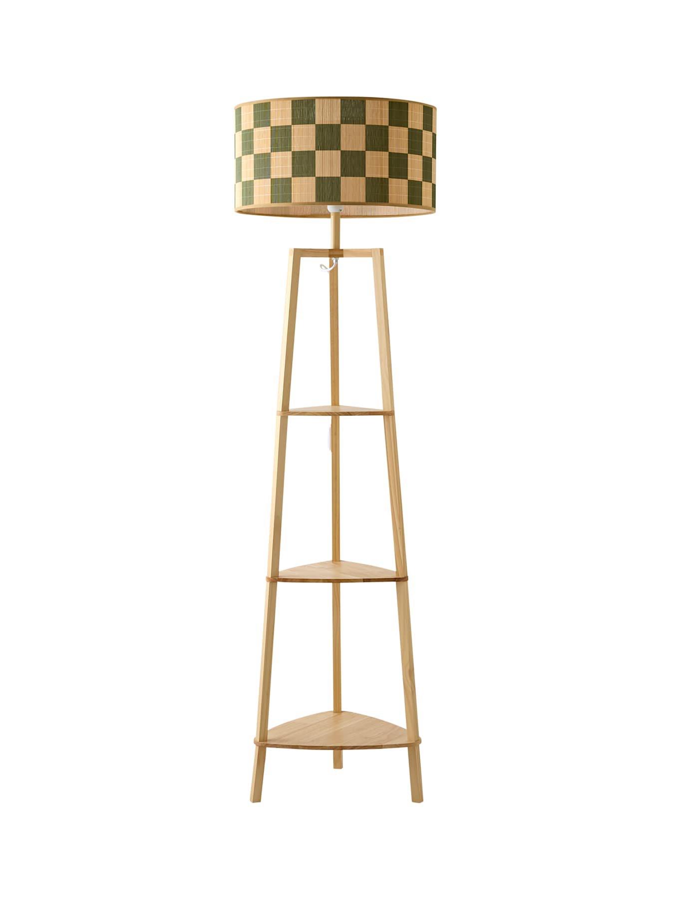 Image 5 of 5 of ValueLights Hiru Natural Wood 3 Tier Shelf Wooden Floor Lamp With Green Checkerboard Bamboo Shade With Bulb