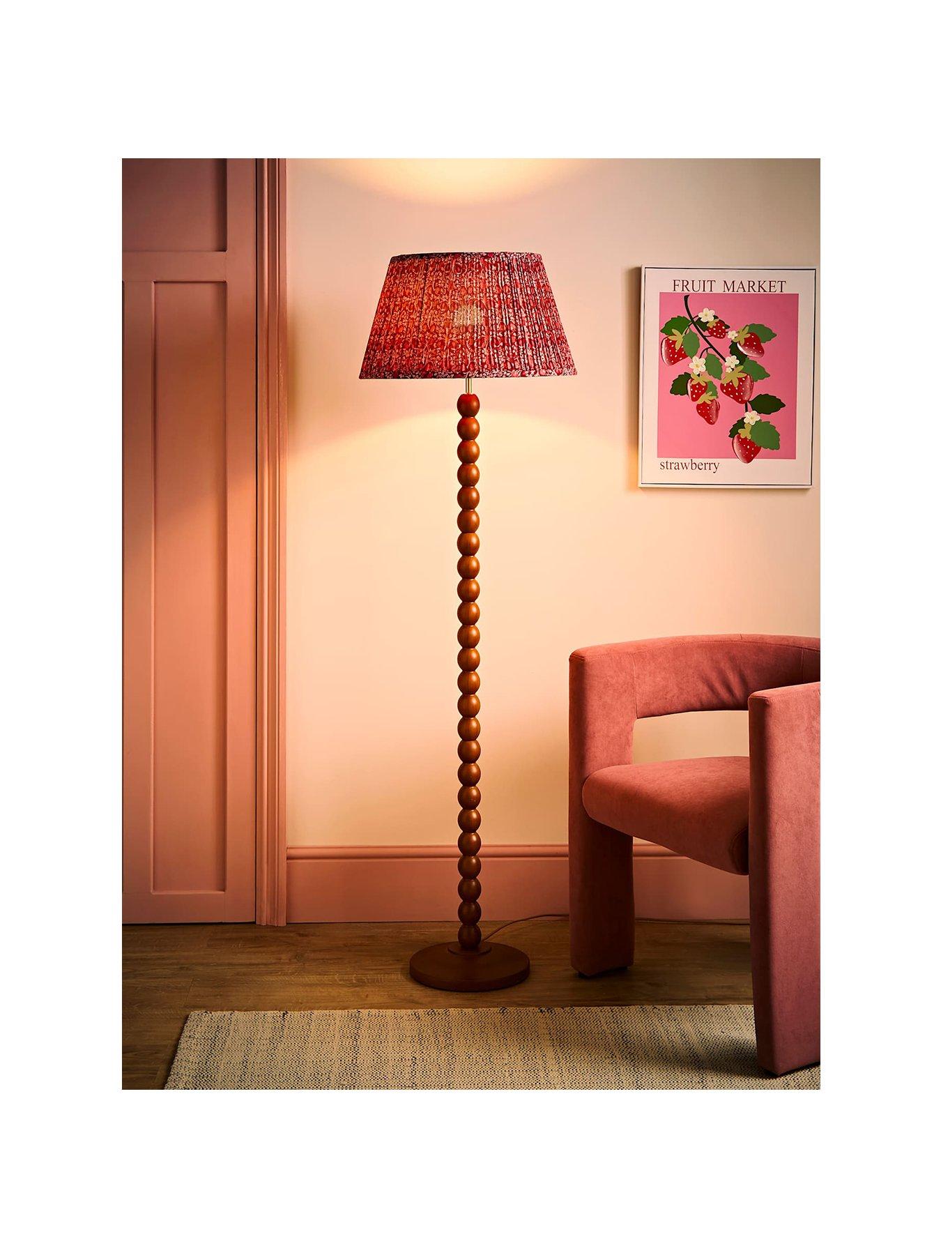 Image 2 of 6 of ValueLights Bobbles Walnut Floor Lamp With Burgandy Floral Pleated Shade With Bulb