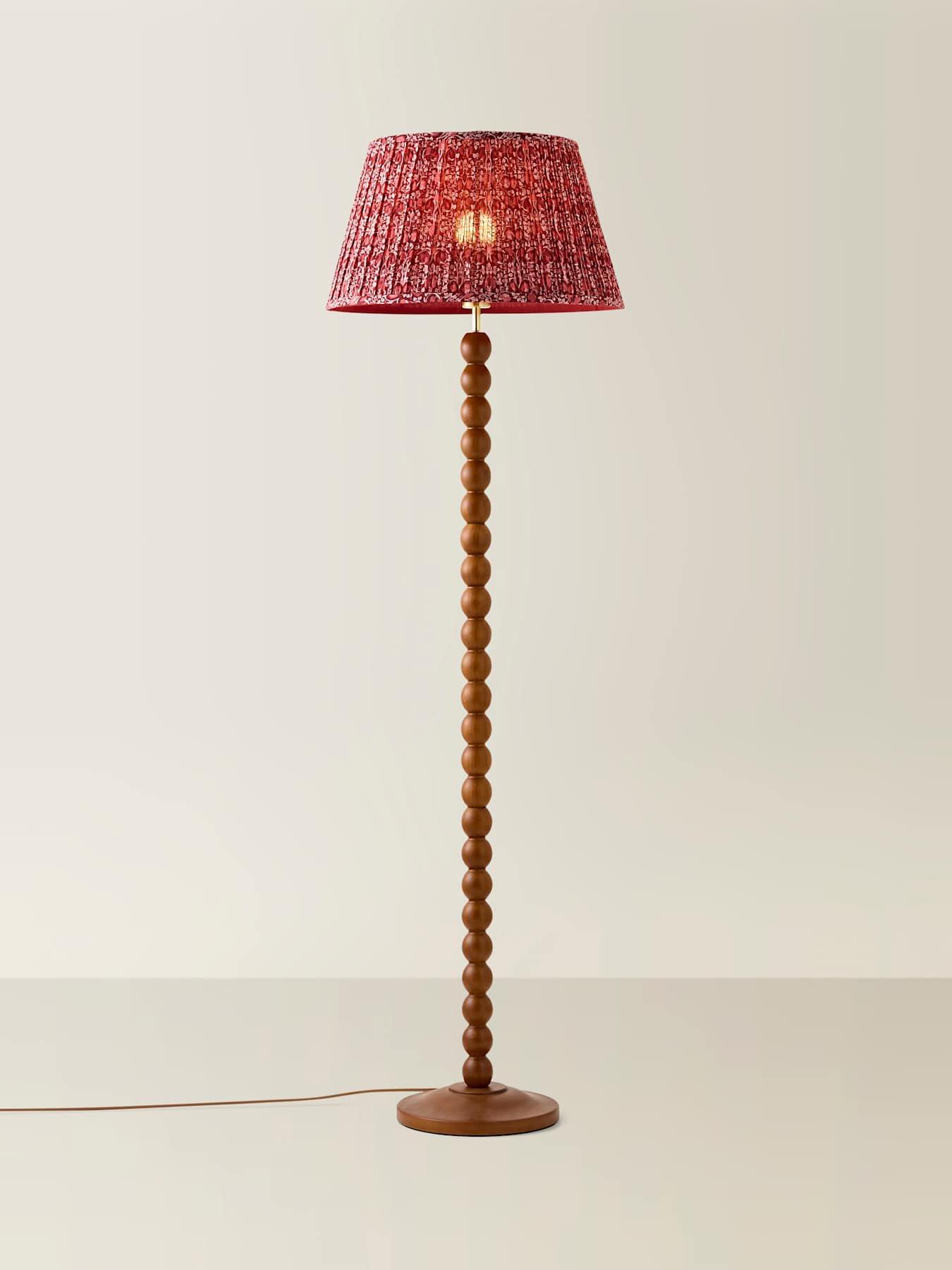 Image 3 of 6 of ValueLights Bobbles Walnut Floor Lamp With Burgandy Floral Pleated Shade With Bulb