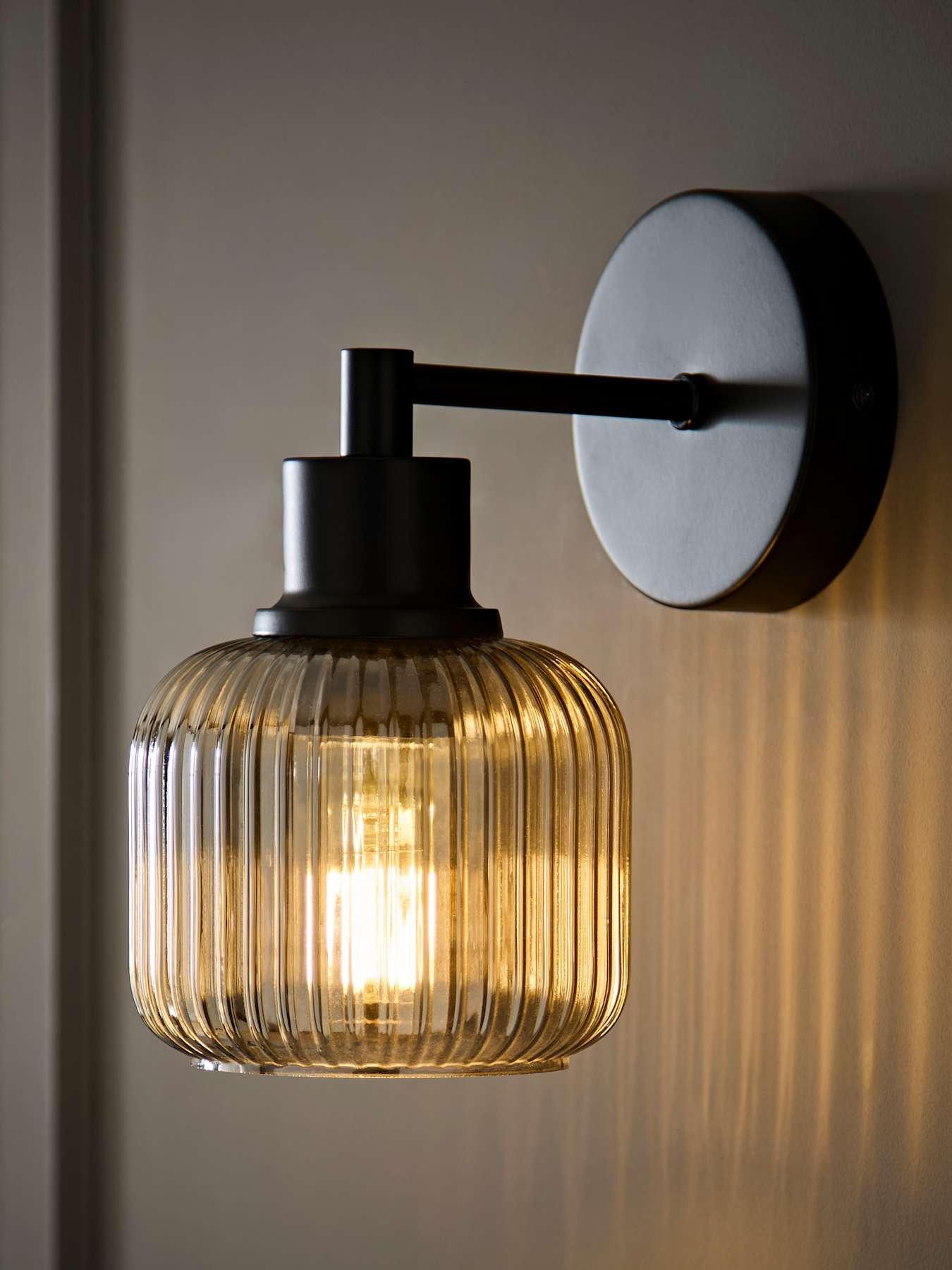 Valuelights Calpe Matte Black Smoke Ribbed Glass Wall Light With Bulb