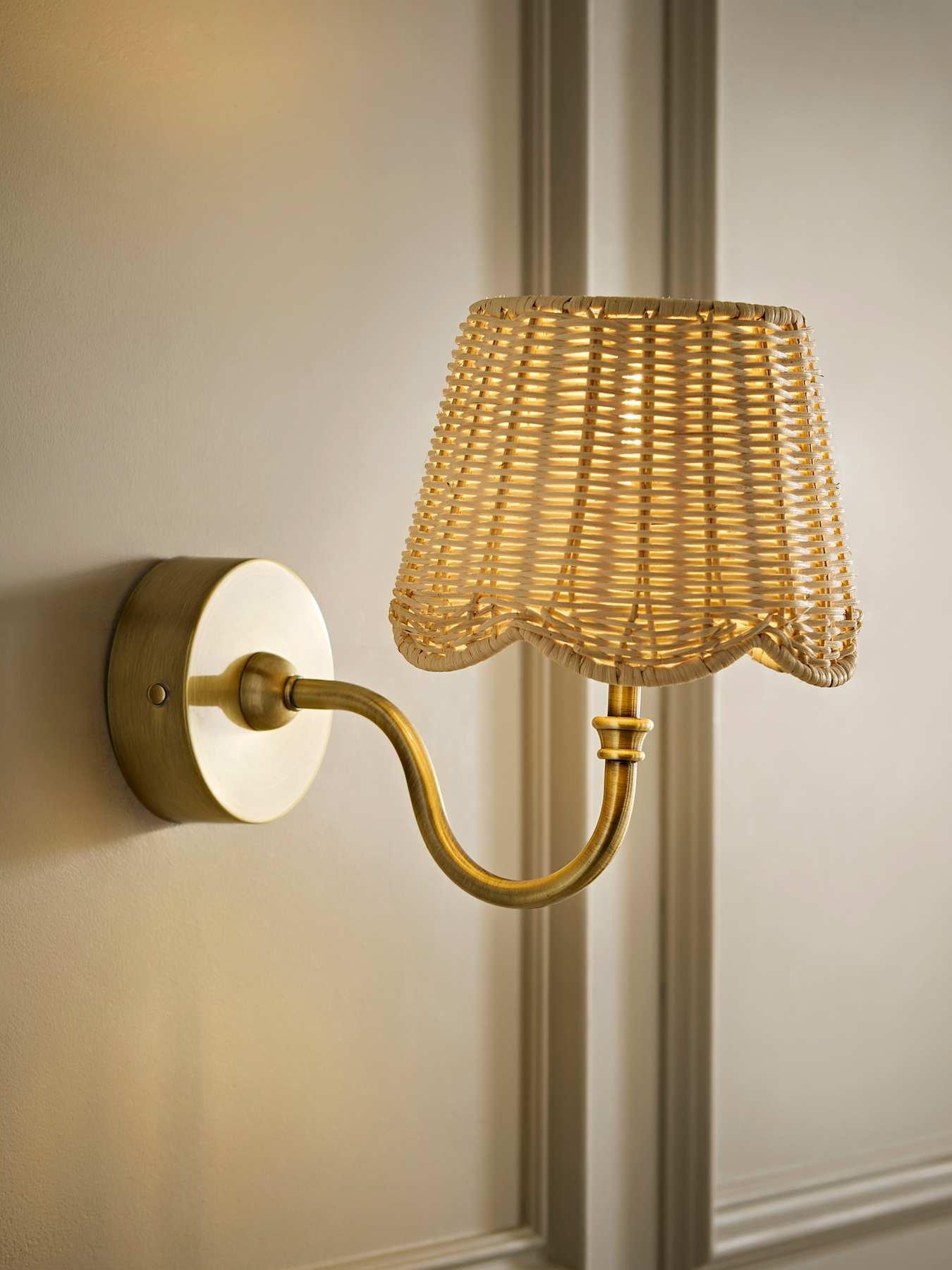 Valuelights Lowe Brushed Gold Rechargeable Wall Light Base With Rattan Taper Shade