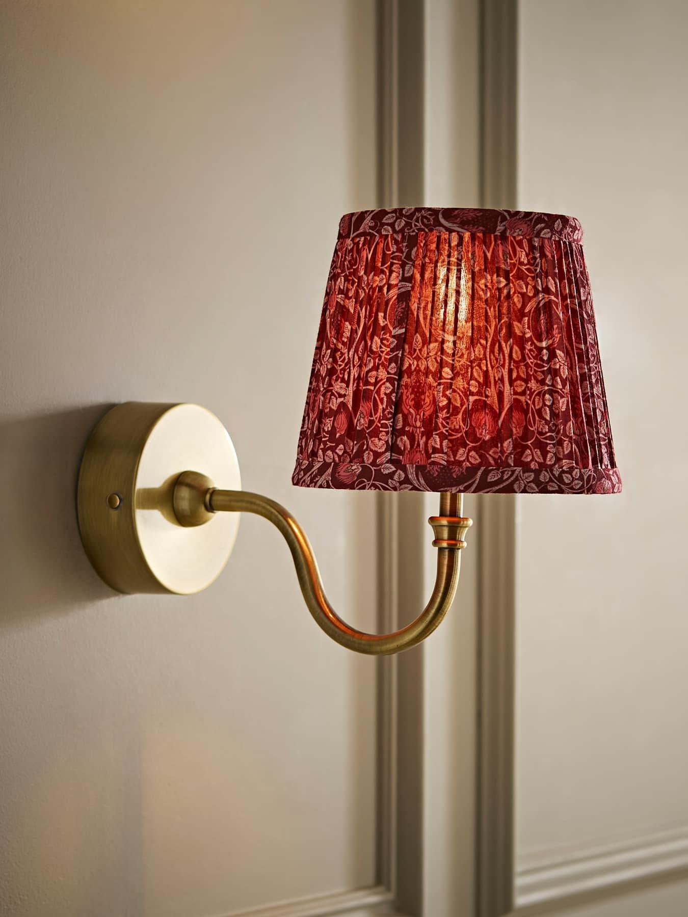 Valuelights Lowe Brushed Gold Rechargeable Wall Light Base With Burgandy Floral Pleated Shade